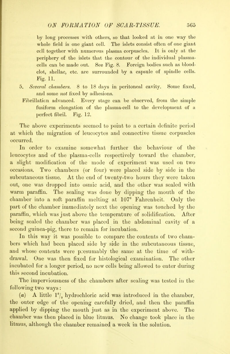 by long ])rocesses with others, so that looked at in one way the whole field is one giant cell. The islets consist often of one giant cell together with numerous plasma corpuscles. It is only at the periphery of the islets that the contour of the individual plasma- cells can be made out. See Fig. 8. Foreign bodies such as blood- clot, shellac, etc. are surrounded by a capsule of spindle cells. Fig. 11. 5. Several chambers. 8 to 18 days in peritoneal cavity. Some fixed, and some not fixed by adhesions. Fibrillation advanced. Every stage can be observed, from the simple fusiform elongation of the plasma-cell to the development of a })erfect fibril. Fig. 12. The above experiments seemed to point to a certain definite period at which the migration of leucocytes and connective tissue corpuscles occurred. In order to examine somewhat further the behaviour of the leucocytes and of the plasma-cells respectively toward the chamber, a slight modification of the mode of experiment was used on two occasions. Two chambers (or four) were placed side by side in the subcutaneous tissue. At the end of twenty-two hours they were taken out, one was dropped into osmic acid, and the other was sealed with warm paraffin. The sealing was done by dipping the mouth of the chamber into a soft paraffin melting at 107*^ Fahrenheit. Only the part of the chamber immediately next the opening was touched by the paraffin, which was just above the temperature of solidification. After being sealed the chamber was placed in the abdominal cavity of a second guinea-pig, there to remain for incubation. In this way it was possible to compare the contents of two cham- bers which had been placed side by side in the subcutaneous tissue, and whose contents were presumably the same at the time of with- drawal. One was then fixed for histological examination. The other incubated for a longer period, no new cells being allowed to enter during this second incubation. The imperviousness of the chambers after sealing was tested iu the following two ways : (a) A little IVq hydrochloric acid was introduced in the chamber, the outer edge of the opening carefully dried, and then the paraffin applied by dipping the mouth just as in the experiment above. The chamber was then placed in blue litmus. No change took place in the litmus, although the chamber remained a week in the solution.