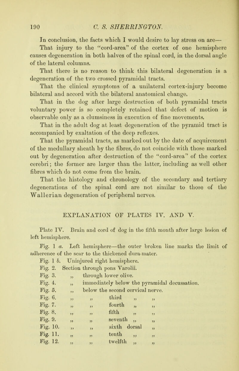 In conclusion, the facts which I would desire to lay stress on are— That injury to the cord-area of the cortex of one hemisphere causes degeneration in both halves of the spinal cord, in the dorsal angle of the lateral columns. That there is no reason to think this bilateral degeneration is a degeneration of the two crossed pyramidal tracts. That the clinical symptoms of a unilateral cortex-injury become bilateral and accord with the bilateral anatomical change. That in the dog after large destruction of both pyramidal tracts voluntary power is so completely retained that defect of motion is observable only as a clumsiness in execution of fine movements. That in the adult dog at least degeneration of the pyramid tract is accompanied by exaltation of the deep reflexes. That the pyramidal tracts, as marked out by the date of acquirement of the medullary sheath by the fibres, do not coincide with those marked out by degeneration after destruction of the cord-area of the cortex cerebri; the former are larger than the latter, including as well other fibres which do not come from the brain. That the histology and chronology of the secondary and tertiary degenerations of the spinal cord are not similar to those of the Wallerian degeneration of peripheral nerves. EXPLANATION OF PLATES lY. AND V. Plate IV. Brain and cord of dog in the fifth month after large lesion of left hemisphere. Eig. 1 a. Left hemisphere—the outer broken line marks the limit of adherence of the scar to the thickened dura-mater. Fig. 1 h. Uninjured right hemisphere. Fig. 2. Section through pons Varolii. Fig. 3. through lower olive. Fig. 4. „ immediately below the pyramidal decussation. Fig. 5. below the second cervical nerve. Fig. 6. „ third „ „ Fig. 7. „ „ fourth „ „ Fig 8. „ „ fifth Fig. 9. „ „ seventh „ „ Fig. 10. sixth dorsal „ Fig. 11. „ tenth „ „ Fig 12. „ „ twelfth „