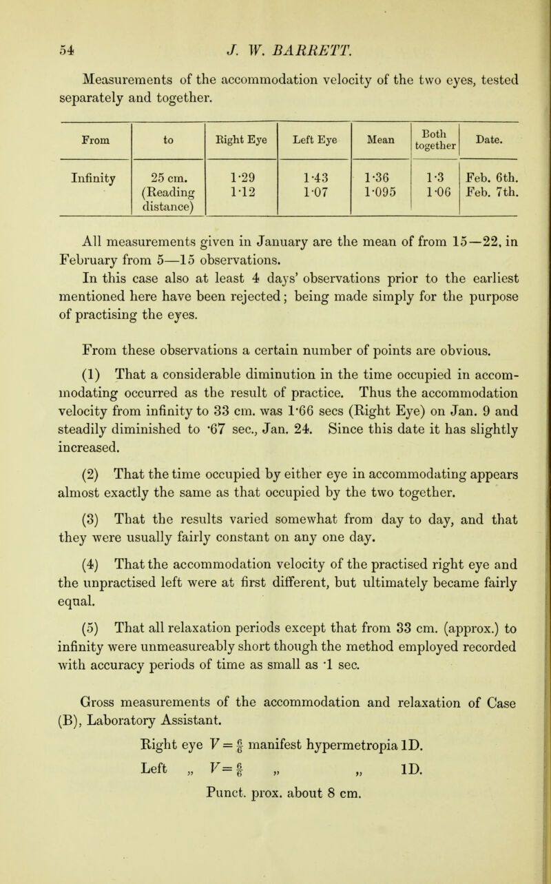 Measurements of the accommodation velocity of the two eyes, tested separately and together. From to Bight Eye Left Eye Mean Both together Date. Infinity 25 cm. (Reading distance) 1-29 M2 1-43 1-07 1-36 1-095 1-3 1-06 Feb. 6th. Feb. 7th. All measurements given in January are the mean of from 15—22, in February from 5—15 observations. In this case also at least 4 days' observations prior to the earliest mentioned here have been rejected; being made simply for the purpose of practising the eyes. From these observations a certain number of points are obvious. (1) That a considerable diminution in the time occupied in accom- modating occurred as the result of practice. Thus the accommodation velocity from infinity to 33 cm. was 1*66 sees (Right Eye) on Jan. 9 and steadily diminished to '67 sec, Jan. 24. Since this date it has slightly increased. (2) That the time occupied by either eye in accommodating appears almost exactly the same as that occupied by the two together. (8) That the results varied somewhat from day to day, and that they were usually fairly constant on any one day. (4) That the accommodation velocity of the practised right eye and the unpractised left were at first different, but ultimately became fairly equal. (5) That all relaxation periods except that from 33 cm. (approx.) to infinity were unmeasureably short though the method employed recorded with accuracy periods of time as small as '1 sec. Gross measurements of the accommodation and relaxation of Case (B), Laboratory Assistant. Right eye 7 = 1 manifest hypermetropia ID. Left „ F=| „ „ ID.