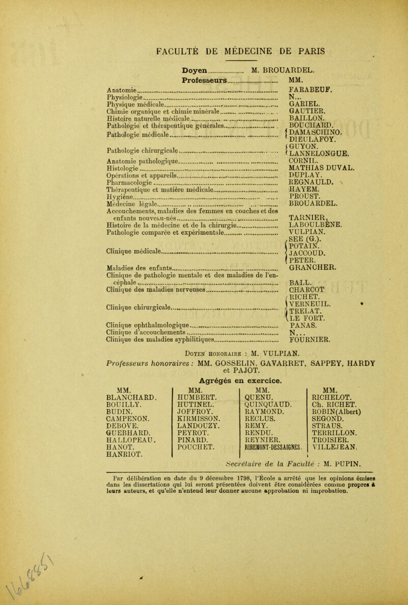 Doyen M. BROUARDEL. Professeurs MM. Anatomie Physiologie Physique médicale Chimie organique et chimie minérale..., Histoire naturelle médicale Pathologie et thérapeutique générales., Pathologie médicale , Pathologie chirurgicale Anatomie pathologique Histologie Opérations et appareils Pharmacologie Thérapeutique et matière médicale Hygiène Médecine légale Accouchements, maladies des femmes en couches et des enfants nouveau-nés Histoire de la médecine et de la chirui'gie Pathologie comparée et expérimentale Clinique médicale.. Maladies des enfants Clinique de pathologie mentale et des maladies de l'en- céphale Clinique des maladies nerveuses Clinique chirurgicale. Clinique ophthalmologique Clinique d'accouchements Clinique des maladies syphilitiques.. FAEABEDF. N... GAEIEL. GAUTIER. BAILLON. BOUCHARD. ! DAMASCHINO. ' DIEULAFOY. ( GUYON. ( LANNELONGUE. CORNIL. MATHIAS DUVAL. DUPLAY. REGNA ULD. > HAYEM. PROUST. BROUARDEL. TARNIER. LABOULBÈNE. VULPIAN. ,SEE (G.). IPOTAIN. JACCOUD. [ PETER. GRANCHER. BALL. CHARCOT fRICHET. ) VERNEUIL. TRELAT. Ile fort. PANAS. N... FOURNIER. Doyen' honoraire Professeurs honoraires M. VULPIAN. MM. GOSSELIN, GAVARRET, SAPPEY, HARDY et PAJOT. MM. BLANCHARD. BOUILLY. BUDIN. CAMPENON. DEBOVE. GUEBHARD. HALLOPEAU. HANOT. HANRIOT. Agrégés MM. HUMBERT. HUTINEL. JOFFROY. KIRMISSON. LANDOUZY. PEYROT. PINARD. POUCHET. en exercice. MM. QUENU. QUINQUAUD. RAYMOND. RECLUS. REMY. RENDU. REYNIER. RIBEMONT-DESSAIGNES. MM. RICHELOT. Ch. RICHET. ROBIN(Albert) SEGOND. STRAUS. TERRILLON. TROISIER. VILLEJEAN. Secrétaire de la Faculté : M. PUPIN. Par délibération en date du 9 décembre 1798, l'École a arrêté que les opinions émises dans les dissertations qui lui seront présentées doivent être considérées comme propres à Itiurs auteurs, et qu'elle n'entend leur donner aucune approbation ni improbation.