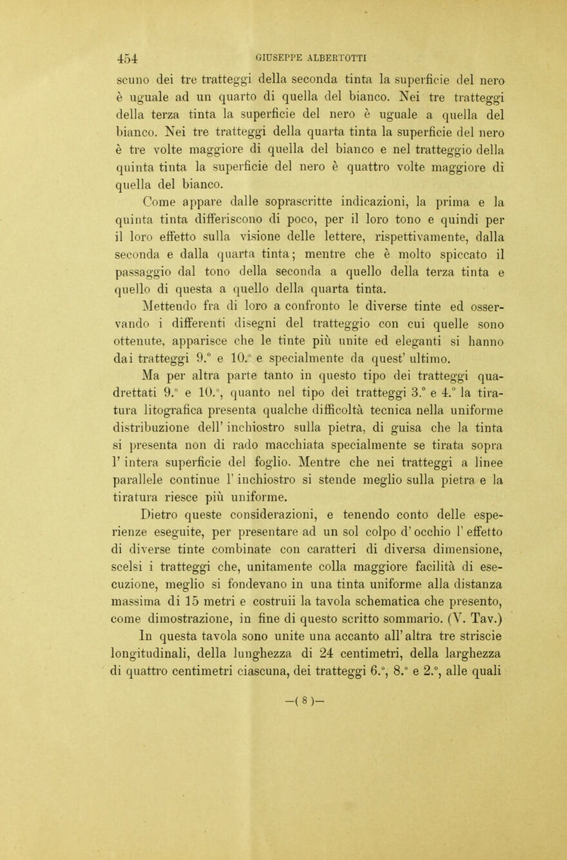 scuiio dei tre tratteggi della seconda tinta la superficie del nero è uguale ad un quarto di quella del bianco. Nei tre tratteggi della terza tinta la superficie del nero è uguale a quella del bianco. Nei tre tratteggi della quarta tinta la superficie del nero è tre volte maggiore di quella del bianco e nel tratteggio della quinta tinta la superficie del nero è quattro volte maggiore di quella del bianco. Come appare dalle soprascritte indicazioni, la prima e la quinta tinta differiscono di poco, per il loro tono e quindi per il loro effetto sulla visione delle lettere, rispettivamente, dalla seconda e dalla quarta tinta; mentre che è molto spiccato il passaggio dal tono della seconda a quello della terza tinta e quello di questa a quello della quarta tinta. Mettendo fra di loro a confronto le diverse tinte ed osser- vando i differenti disegni del tratteggio con cui quelle sono ottenute, apparisce che le tinte più unite ed eleganti si hanno dai tratteggi 9. e 10.° e specialmente da quest' ultimo. Ma per altra parte tanto in questo tipo dei tratteggi qua- drettati 9.° e 10.% quanto nel tipo dei tratteggi 3.° e 4.° la tira- tura litografica presenta qualche difficoltà tecnica nella uniforme distribuzione dell' inchiostro sulla pietra, di guisa che la tinta si presenta non di rado macchiata specialmente se tirata sopra r intera superficie del foglio. Mentre che nei tratteggi a linee parallele continue l'inchiostro si stende meglio sulla pietra e la tiratura riesce più uniforme. Dietro queste considerazioni, e tenendo conto delle espe- rienze eseguite, per presentare ad un sol colpo d'occhio 1' effetto di diverse tinte combinate con caratteri di diversa dimensione, scelsi i tratteggi che, unitamente colla maggiore facilità di ese- cuzione, meglio si fondevano in una tinta uniforme alla distanza massima di 15 metri e costruii la tavola schematica che presento, come dimostrazione, in fine di questo scritto sommario. (V. Tav.) In questa tavola sono unite una accanto all' altra tre strisele longitudinali, della lunghezza di 24 centimetri, della larghezza di quattro centimetri ciascuna, dei tratteggi 6.°, 8.° e 2.°, alle quali -(8)-