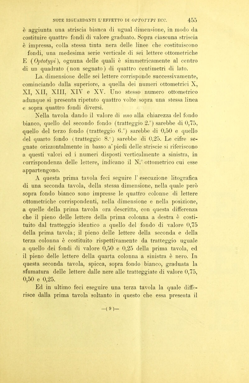 è aggiunta una striscia bianca di ugual dimensione, in modo da costituire quattro fondi di valore graduato. Sopra ciascuna striscia è impressa, colla stessa tinta nera delle linee che costituiscono fondi, una medesima serie verticale di sei lettere ottometriche E {Optotypi)^ ognuna delle quali è simmetricamente al centro di un quadrato (non segnato) di quattro centimetri di lato. La dimensione delle sei lettere corrisponde successivamente, cominciando dalla superiore, a quella dei numeri ottometrici X, XI, XII, XIII, XIV e XV. Uno stesso numero ottometrico adunque si presenta ripetuto quattro volte sopra una stessa linea e sopra quattro fondi diversi. Xella tavola dando il valore di uno alla chiarezza del fondo bianco, quello del secondo fondo (tratteggio 2.°) sarebbe di 0,75, quello del terzo fondo (tratteggio Q.) sarebbe di 0,50 e quello del quarto fondo (tratteggio 8.) sarebbe di 0,25. Le cifre se- gnate orizzontalmente in basso a' piedi delle striscie si riferiscono a questi valori ed i numeri disposti verticalmente a sinistra, in corrispondenza delle lettere, indicano il N. ottometrico cui esse appartengono. A questa prima tavola feci seguire 1' esecuzione litografica di una seconda tavola, della stessa dimensione, nella quale però sopra fondo bianco sono impresse le quattro colonne di lettere ottometriche corrispondenti, nella dimensione e nella posizione, a quelle della prima tavola ora descritta, con questa differenza che il pieno delle lettere della prima colonna a destra è costi- tuito dal tratteggio identico a quello del fondo di valore 0,75 della prima tavola; il pieno delle lettere della seconda e della terza colonna è costituito rispettivamente da tratteggio uguale a quello dei fondi di valore 0,50 e 0,25 della prima tavola, ed il pieno delle lettere della quarta colonna a sinistra è nero. In questa seconda tavola, spicca, sopra fondo bianco, graduata la sfumatura delle lettere dalle nere alle tratteggiate di valore 0,75, 0,50 e 0,25. Ed in ultimo feci eseguire una terza tavola la quale diffe- risce dalla prima tavola soltanto in questo che essa presenta il -(9)-