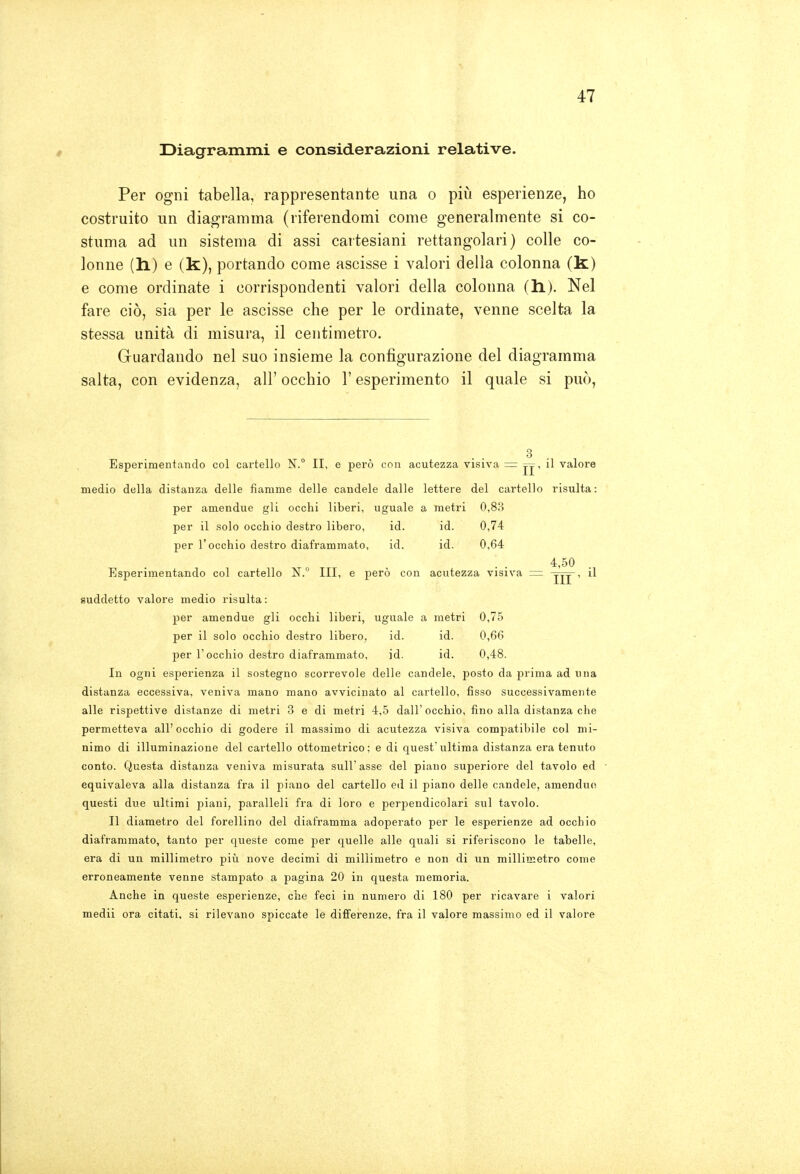 Diagrammi e considerazioni relative. Per ogni tabella, rappresentante una o più esperienze, ho costruito un diagramma (riferendomi come generalmente si co- stuma ad un sistema di assi cartesiani rettangolari) colle co- lonne (h.) e (k), portando come ascisse i valori della colonna (k) e come ordinate i corrispondenti valori della colonna (h). Nel fare ciò, sia per le ascisse che per le ordinate, venne scelta la stessa unità di misura, il centimetro. Guardando nel suo insieme la configurazione del diagramma salta, con evidenza, all' occhio l'esperimento il quale si può, Esperimentando col cartello N.° II, e però con acutezza visiva = jj, il valore medio della distanza delle fiamme delle candele dalle lettere del cartello risulta: per amendue gli occhi liberi, uguale a metri 0,83 per il solo occhio destro libero, id. id. 0,74 per l'occhio destro diaframmato, id. id. 0,64 4,50 Esperimentando col cartello N. Ili, e però con acutezza visiva r= ^jj' suddetto valore medio risulta: per amendue gli occhi liberi, uguale a metri 0,75 per il solo occhio destro libero, id. id. 0,66 per l'occhio destro diaframmato, id. id. 0,48. In ogni esperienza il sostegno scorrevole delle candele, posto da prima ad una distanza eccessiva, veniva mano mano avvicinato al cartello, fisso successivamente alle rispettive distanze di metri 3 e di metri 4,5 dall' occhio, fino alla distanza che permetteva all'occhio di godere il massimo di acutezza visiva compatibile col mi- nimo di illuminazione del cartello ottometrico; e di quest'ultima distanza era tenuto conto. Questa distanza veniva misurata sull'asse del piano superiore del tavolo ed equivaleva alla distanza fra il piano del cartello ed il piano delle candele, amenduo questi due ultimi piani, paralleli fra di loro e perpendicolari sul tavolo. Il diametro del forellino del diaframma adoperato per le esperienze ad occhio diaframmato, tanto per queste come per quelle alle quali si riferiscono le tabelle, era di un millimetro più nove decimi di millimetro e non di un millimetro come erroneamente venne stampato a pagina 20 in questa memoria. Anche in queste esperienze, che feci in numero di 180 per ricavare i valori medii ora citati, si rilevano spiccate le differenze, fra il valore massimo ed il valore