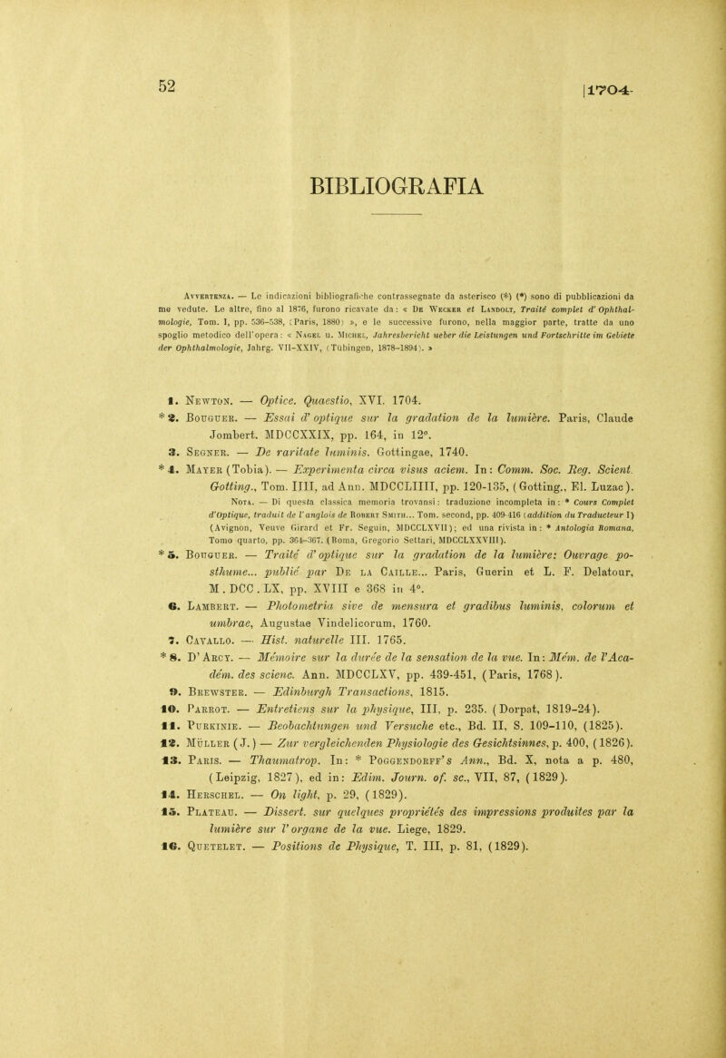 BIBLIOGRAFIA Avvertenza. — Le indicazioni bibliografi.-he contrassegnate da asterisco (*) (♦) sono di pubblicazioni da me vedute. Le altre, fino al 1876, furono ricavate da : « De Wecker et Landolt, Traité compiei d'Ophthal- mologie, Tom. I, pp. 536-538, (Paris, 1880) », e le successive furono, nella maggior parte, tratte da uno spoglio metodico dell'opera: « Nagel u. Michel, Jahresbericht ueber die Leistungen und Fortschritte im Gebiete der Ophthalmologie, lahrg. VII-XXIV, (Tubingen, 1878-1894). » 1. Newton. — Optice. Quaestio, XVI. 1704. * BoTJGUEK. — Essai cV optiqrie snr ìa gradation de la lumière. Paris, Claude Jombert. MDCCXXIX, pp. 164, in 12». 3. Segner. — De raritate Inminis. Gottingae, 1740. * 4. Mayer (Tobia). — Experimenta circa visus aciem. In: Comm. Soc. Reg. Scient. Gotting., Tom. IIII, ad Ann. MDCCLIIII, pp. 120-135, (Gotting., El. Luzac). Nota. — Di questa classica memoria trovansi : traduzione incompleta in : * Cours Compiei d'Optique, traduil de Vanglois de Robert Smith... Tom. second, pp. 409-416 (.addition du Traducteur I) (Avignon, Veuve Girard et Fr. Seguin, MDCCLXVII); ed una rivista in: * Antologia Romana, Tomo quarto, pp. 364-367. (Roma, Gregorio Settari, MDCCLXXVIII). *5. BoTTOUER. — Traité d'optique sur la gradation de la lumière: Ouvrage po- sthume... public par De la Caille... Paris, Guerin et L. F. Delatour, M.DCC.LX, pp. XVIII e 368 in 4°. 6. Lambert. — Photometria sive de mensura et gradibus luminis, colorum et umbrae, Augustae Vindelicorum, 1760. Cavallo. — Hist. naturelle III. 1765. * 8. D'Arcy. — Mémoire sur la durée de la sensation de la vue. In: Mém. de l'Aca- de'ni. des scienc. Ann. MDCCLXV, pp. 439-451, (Paris, 1768). ». Brewster. — Edinburgh Transactions, 1815. •IO. Parrot. — Entretiens sur la physique. III, p. 285. ( Dorpat, 1819-24). 11. Purkinie. — Beobachtnngen und Versuche etc, Bd. II, S. 109-110, (1825). 12. MiÌLLER ( J. ) — Zur vergleìchenden Physiologie des Gesichtsinnes, p. 400, ( 1826). 13. Paris. — Thaumatrop. In: * Poggekdorff's Ann., Bd. X, nota a p. 480, (Leipzig, 1827), ed in: Edim. Journ. of. se., VII, 87, (1829). 14. Herschel. — On Ught, p. 29, (1829). 15. Plateau. — Dissert. sur quelques propriétés des impressions produites par la lumière sur V organe de la vue. Liege, 1829. IG. Quetelet. — Positions de Physique, T. Ili, p. 81, (1829).