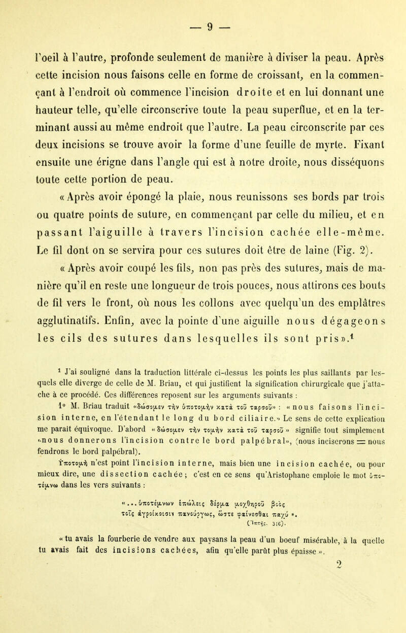 Foeil à Fautre, profonde seulement de manière à diviser la peau. Après cette incision nous faisons celle en forme de croissant, en la commen- çant à Tendroit où commence Fincision droite et en lui donnant une hauteur telle, qu'elle circonscrive toute la peau superflue, et en la ter- minant aussi au même endroit que l'autre. La peau circonscrite par ces deux incisions se trouve avoir la forme d'une feuille de myrte. Fixant ensuite une érigne dans Fangle qui est à notre droite, nous disséquons toute cette portion de peau. «Après avoir épongé la plaie, nous reunissons ses bords par trois ou quatre points de suture, en commençant par celle du milieu, et en passant Faiguille à travers Fincision cachée elle-même. Le fil dont on se servira pour ces sutures doit être de laine (Fig. 2). « Après avoir coupé les fils, non pas près des sutures, mais de ma- nière qu'il en reste une longueur de trois pouces, nous attirons ces bouts de fil vers le front, oii nous les collons avec quelqu'un des emplâtres agglutinatifs. Enfin, avec la pointe d'une aiguille nous dégageons les cils des sutures dans lesquelles ils sont pris».'^ ^ J'ai souligné dans la traduction littérale ci-dessus les points les plus saillants par les- quels elle diverge de celle de M. Briau, et qui justifient la signification chirurgicale que j'atta- che à ce procédé. Ces différen'^.es reposent sur les arguments suivants : 1® M. Briau traduit «SciaojAsv t^iv ôtîotoja-^v xaià xoû TapdoU» : «nous faisons l'inci- sion interne, en l'étendant le long du bord ciliaire.» Le sens de cette explication me parait équivoque. D'abord « Soxjo^ev x-îjv -cojx^iv x.axà toU TaptjoU » signifie tout simplement «^nous donnerons l'incision contrôle bord palpé bral», (nous inciserons r= nous fendrons le bord palpébral). tiîoTOî/.:?) n'est point l'incision interne, mais bien une incision cachée, ou pour mieux dire, une dissection cachée-, c'est en ce sens qu'Aristophane emploie le mot utuc- TéjAvoj dans les vers suivants : C'irrtj;. 31c). « tu avais la fourberie de vendre aux paysans la peau d'un boeuf misérable, à la quelle tu avais fait des incisions cachées, afin qu'elle parût plus épaisse ».