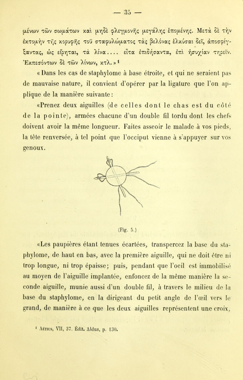 ^avxaç, (hç £ipï]Tai, Ta Xtva ei'zcc £'iri8'rj(7avTa, énl rp^jjioLV T'/]p£Tv. 'E)t7r£a6vTa)v Sà tcov Xtvcov, xtX. » * «Dans les cas de staphylome à base étroite, et qui ne seraient pas de mauvaise nature, il convient d'opérer par la ligature que Ton ap- plique de la manière suivante : ((Prenez deux aiguilles (de celles dont le chas est du côté de la pointe), armées chacune d'un double fil tordu dont les chefs doivent avoir la même longueur. Faites asseoir le malade à vos pieds, la tête renversée, à tel point que Focciput vienne à s'appuyer sur vos genoux. . (Fig. 5.) «Les paupières étant tenues écartées, transpercez la base du sta- phylome, de haut en bas, avec la première aiguille, qui ne doit être ni trop longue, ni trop épaisse; puis, pendant que Toeil est immobilisé au moyen de Taiguille implantée, enfoncez de la même manière la se- conde aiguille, munie aussi d'un double fil, à travers le milieu de la base du staphylome, en la dirigeant du petit angle de Tœil vers le grand, de manière à ce que les deux aiguilles représentent une croix,