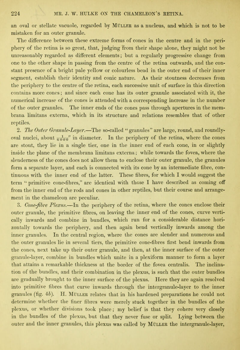 an oval or stellate vacuole, regarded by MtiLLER as a nucleus, and which is not to be mistaken for an outer granule. The difference between these extreme forms of cones in the centre and in the peri- phery of the retina is so great, that, judging from their shape alone, they might not be unreasonably regarded as different elements; but a regularly progressive change from one to the other shape in passing from the centre of the retina outwards, and the con- stant presence of a bright pale yellow or colourless bead in the outer end of their inner segment, establish their identity and conic nature. As their stoutness decreases from the periphery to the centre of the retina, each successive unit of surface in this direction contains more cones; and since each cone has its outer granule associated with it, the numerical increase of the cones is attended with a corresponding increase in the number of the outer granules. The inner ends of the cones pass through apertures in the mem- brana limitans externa, which in its structure and relations resembles that of other reptiles. 2. The Outer Granule-Layer.—The so-called  granules are large, round, and roundly- oval nuclei, about awo in diameter. In the periphery of the retina, where the cones are stout, they lie in a single tier, one in the inner end of each cone, in or slightly inside the plane of the membrana limitans externa; while towards the fovea, where the slenderness of the cones does not allow them to enclose their outer granule, the granules form a separate layer, and each is connected with its cone by an intermediate fibre, con- tinuous with the inner end of the latter. These fibres, for which I would suggest the term primitive cone-fibres, are identical with those I have described as coming off from the inner end of the rods and cones in other reptiles, but their course and arrange- ment in the chameleon are peculiar. 3. Cone-fihre Plexus.—In the periphery of the retina, where the cones enclose their outer granule, the primitive fibres, on leaving the inner end of the cones, curve verti- cally inwards and combine in bundles, which run for a considerable distance hori- zontally towards the periphery, and then again bend vertically inwards among the inner granules. In the central region, where the cones are slender and numerous and the outer granules lie in several tiers, the primitive cone-fibres first bend inwards from the cones, next take up their outer granule, and then, at the inner surface of the outer granule-layer, combine in bundles which unite in a plexiform manner to form a layer that attains a remarkable thickness at the border of the fovea centralis. The inclina- tion of the bundles, and their combination in the plexus, is such that the outer bundles are gradually brought to the inner surface of the plexus. Here they are again resolved into primitive fibres that curve inwards through the intergranule-layer to the inner granules (fig. Ah). li. MUller relates that in his hardened preparations he could not determine wliether the finer fibres were merely stuck together in the bundles of the plexus, or whether divisions took place; my belief is that they cohere very closely in the bundles of the plexus, but that they never fuse or split. Ikying between the outer and the inner granules, this plexus was called by Mcller the intergranule-layer,