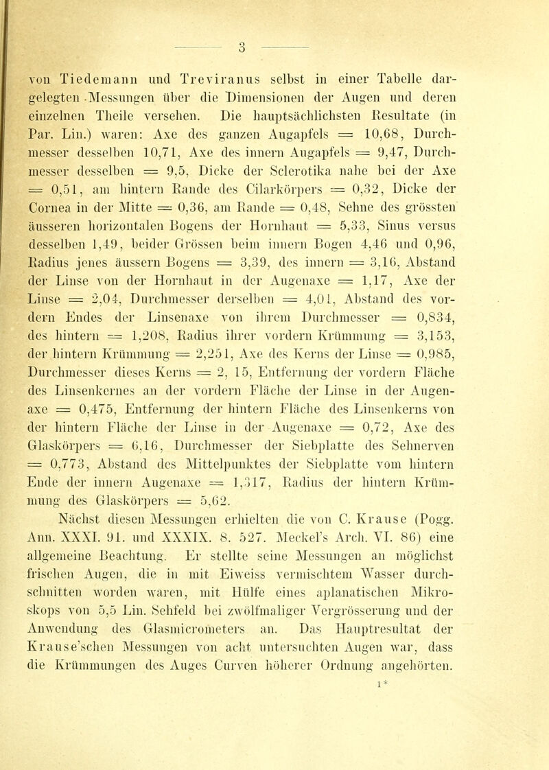 gelegten -Messungen über die Dimensionen der Augen und deren einzelnen Tlieile versehen. Die hauptsächlichsten Resultate (in Par. Lin.) waren: Axe des ganzen Augapfels = 10,68, Durch- messer desselben 10,71, Axe des innern Augapfels = 9,47, Durch- messer desselben = 9,5, Dicke der Sclerotika nahe bei der Axe f= 0,51, am hintern Rande des Cilarkörpers = 0,32, Dicke der Cornea in der Mitte = 0,36, am Rande = 0,48, Sehne des grössten äusseren horizontalen Bogens der Hornhaut = 5,33, Sinus versus desselben 1,49, beider Grössen beim innern Bogen 4,46 und 0,96, Radius jenes äussern Bogens = 3,39, des innern = 3,16, Abstand der Linse von der Hornhaut in der Augenaxe = 1,17, Axe der Linse = 2,04, Durchmesser derselben = 4,01, Abstand des vor- dem Endes der Linsenaxe von ihrem Durchmesser = 0,834, des hintern — 1,208, Radius ihrer vordem Krümmung = 3,153, der hintern Krümmung = 2,251, Axe des Kerns der Linse = 0,985, Durchmesser dieses Kerns = 2, 15, Entfernung der vordem Fläche des Linsenkernes an der vordem Fläche der Linse in der Augen- axe = 0,475, Entfernung der hintern Fläche des Linsenkerns von der hintern Fläche der Linse in der Augenaxe = 0,72, Axe des Glaskörpers = 6,16, Durchmesser der Siebplatte des Sehnerven = 0,773, Abstand des Mittelpunktes der Siebplatte vom hintern Ende der innern Augenaxe = 1,317, Radius der hintern Krüm- mung des Glaskörpers = 5,62. Nächst diesen Messungen erhielten die von C. Krause (Pogg. Ann. XXXI. 91. und XXXIX. 8. 527. Meckel's Arch. VI. 86) eine allgemeine Beachtung. Er stellte seine Messungen an möglichst frischen Augen, die in mit Eiweiss vermischtem Wasser durch- schnitten worden waren, mit Hülfe eines aplanatischen Mikro- skops von 5,5 Lin. Sehfeld bei zwölfmaliger Vergrösserung und der Anwendung des Glasmicrometers an. Das Hauptresultat der Krause'schen Messungen von acht untersuchten Augen war, dass die Krümmungen des Auges Curven höherer Ordnung angehörten.