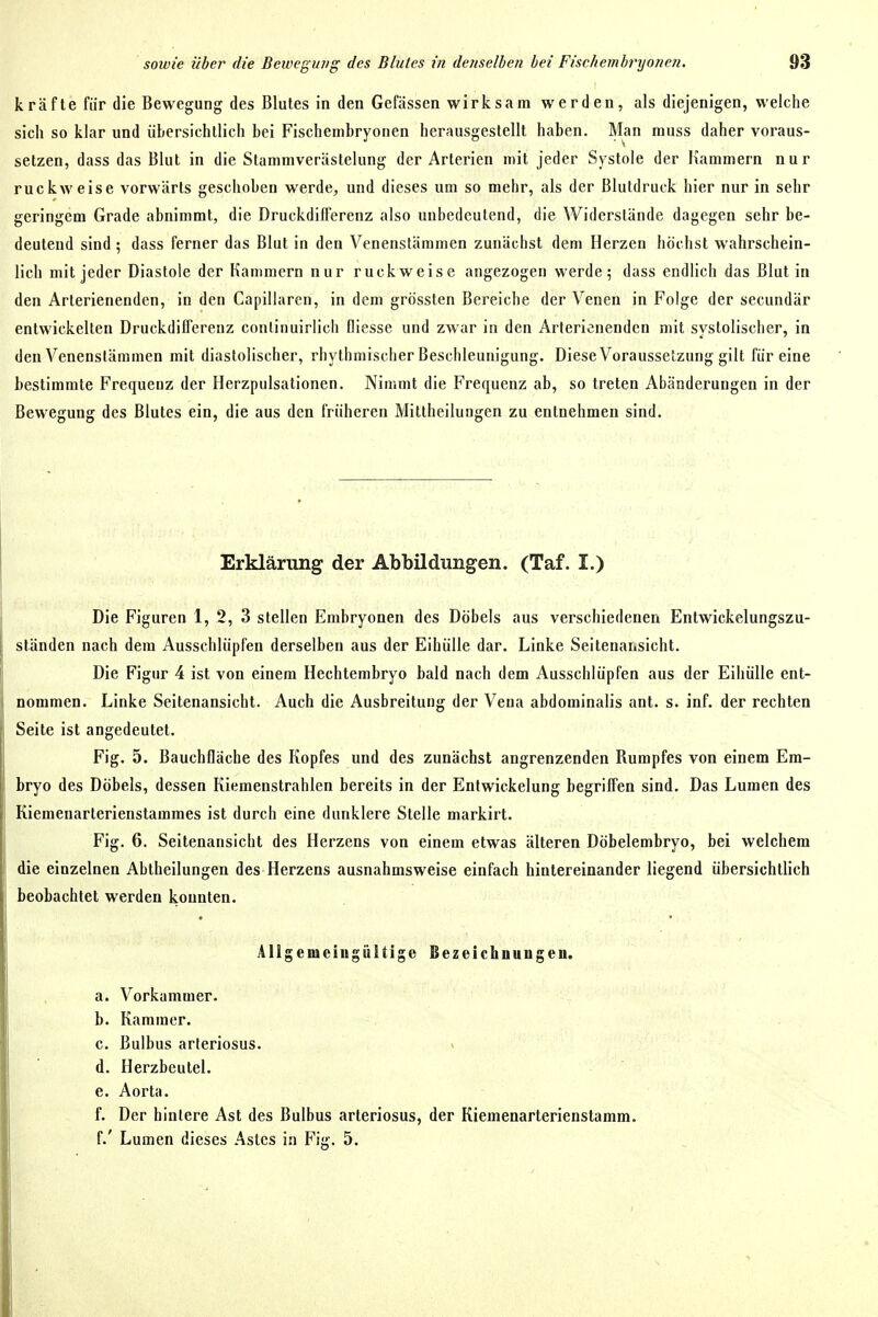 kräfte für die Bewegung des Blutes in den Gefässen wirksam werden, als diejenigen, welche sich so klar und übersichtlich bei Fischembryonen herausgestellt haben. Man muss daher voraus- setzen, dass das Blut in die Stammverästelung der Arterien mit jeder Systole der Kammern nur ruckweise vorwärts geschoben werde, und dieses um so mehr, als der Blutdruck hier nur in sehr geringem Grade abnimmt, die DruckdifFerenz also unbedeutend, die Widerstände dagegen sehr be- deutend sind ; dass ferner das Blut in den Venenstämmen zunächst dem Herzen höchst wahrschein- lich mit jeder Diastole der Kammern nur ruckweise angezogen werde; dass endlich das Blut in den Arterienenden, in den Capillarcn, in dem grössten Bereiche der Venen in Folge der secundär entwickelten Druckdifferenz conlinuirlicli fliesse und zwar in den Arterienenden mit systolischer, in den Venenslämmen mit diastolischer, rhythmischer Beschleunigung. Diese Voraussetzung gilt für eine bestimmte Frequenz der Herzpulsationen. Nimmt die Frequenz ab, so treten Abänderungen in der Bewegung des Blutes ein, die aus den früheren Mittheilungen zu entnehmen sind. Erklärung der Abbildungen. (Taf. I.) Die Figuren 1, 2, 3 stellen Embryonen des Döbels aus verschiedenen Entwickelungszu- ständen nach dem Ausschlüpfen derselben aus der EihüUe dar. Linke Seitenansicht. Die Figur 4 ist von einem Hechtembryo bald nach dem Ausschlüpfen aus der EihüUe ent- nommen. Linke Seitenansicht. Auch die Ausbreitung der Vena abdominalis ant. s. inf. der rechten Seite ist angedeutet. Fig. 5. Bauchfläche des Kopfes und des zunächst angrenzenden Rumpfes von einem Em- bryo des Döbels, dessen Kiemenstrahlen bereits in der Entwickelung begriffen sind. Das Lumen des Kiemenarterienstammes ist durch eine dunklere Stelle markirt. Fig. 6. Seitenansicht des Herzens von einem etwas älteren Döbelembryo, bei welchem die einzelnen Abtheilungen des Herzens ausnahmsweise einfach hintereinander liegend übersichtlich beobachtet werden konnten. Allgemeingültige Bezeichnungen. a. Vorkammer. b. Kammer. c. Bulbus arleriosus. d. Herzbeutel. e. Aorta. f. Der hintere Ast des Bulbus arteriosus, der Kiemenarterienstamm. f.' Lumen dieses Astes in Fig. 5.