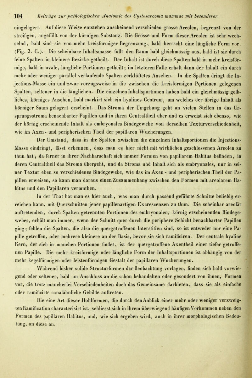 eingelagert. Auf diese Weise entstehen anscheinend verschieden grosse Areolen, begrenzt von der streifigen, angefüllt von der körnigen Substanz. Die Grösse und Form dieser Areolen ist sehr wech- selnd, bald sind sie von mehr kreisförmiger Begrenzung, bald herrscht eine längliche Form vor. (Fig. 3. C). Die scheinbare Inhaltsmasse füllt den Raum bald gleichmässig aus, bald ist sie durch feine Spalten in kleinere Bezirke getheilt. Der Inhalt ist durch diese Spalten bald in mehr kreisför- mige, bald in ovale, längliche Portionen getheilt; im letzteren Falle erhält dann der Inhalt ein durch mehr oder weniger parallel verlaufende Spalten zerklüftetes Ansehen. In die Spalten dringt die In- jections-Masse ein und zwar vorzugsweise in die zwischen die kreisförmigen Portionen gelegenen Spalten, seltener in die länglichen. Die einzelnen Inhaltsportionen haben bald ein gleichmässig gelb- liches, körniges Ansehen, bald markirt sich ein hyalines Centrum, um welches der übrige Inhalt als körniger Saum gelagert erscheint. Das Stroma der Umgebung geht an vielen Stellen in das ür- sprungsstroma benachbarter Papillen und in ihren Centrallheil über und es erweist sich ebenso, wie der körnig erscheinende Inhalt als embryonales Bindegewebe von derselben Texturverschiedenheit, wie im Axen- und peripherischen Theil der papillären Wucherungen. Der Umstand, dass in die Spalten zwischen die einzelnen Inhaltsportionen die Injections- Masse eindringt, lässt erkennen, dass man es hier nicht mit wirklichen geschlossenen Areolen zu thun hat; da ferner in ihrer Nachbarschaft sich immer Formen von papillärem Habitus befinden, in deren Centrallheil das Stroma übergeht, und da Stroma und Inhalt sich als embryonales, nur in sei- ner Textur eben so verschiedenes Bindegewebe, wie das im Axen - und peripherischen Theil der Pa- pillen erweisen, so kann man daraus einen Zusammenhang zwischen den Formen mit areolarem Ha- bitus und den Papillären vermuthen. In der That hat man es hier auch, was man durch passend geführte Schnitte beliebig er- reichen kann, mit Querschnitten jener papillenartigen Excrescenzen zu thun. Die scheinbar areolär auftretenden, durch Spalten getrennten Portionen des embryonalen, körnig erscheinenden Bindege- webes, erhält man immer, wenn der Schnitt quer durch die periphere Schicht benachbarter Papillen ging; fehlen die Spalten, die also die quergetroffenen Interstilien sind, so ist entweder nur eine Pa- pille getroffen, oder mehrere kleinere an der Basis, bevor sie sich ramificiren. Der centrale hyaline Kern, der sich in manchen Portionen findet, ist der quergetroffene Axentheil einer liefer getroffe- nen Papille. Die mehr kreisförmige oder längliche Form der Inhallsportionen ist abhängig von der mehr kegelförmigen oder leistenförmigen Gestalt der papillären Wucherungen. Während bisher solide Structurformen der Beobachtung vorlagen, finden sich bald vorwie- gend oder seltener, bald im Anschluss an die schon behandelten oder gesondert von ihnen. Formen vor, die trotz mancherlei Verschiedenheiten doch das Gemeinsame darbieten, dass sie als einfache oder ramificirte canalähnliche Gebilde auftreten. Die eine Art dieser Hohlformen, die durch den Anblick einer mehr oder weniger verzweig- ten Ramificalion characterisirt ist, schliesst sich in ihrem überwiegend häufigen Vorkommen neben den Formen des papillären Habitus, und, wie sich ergeben wird, auch in ihrer morphologischen Bedeu- tung, an diese an.