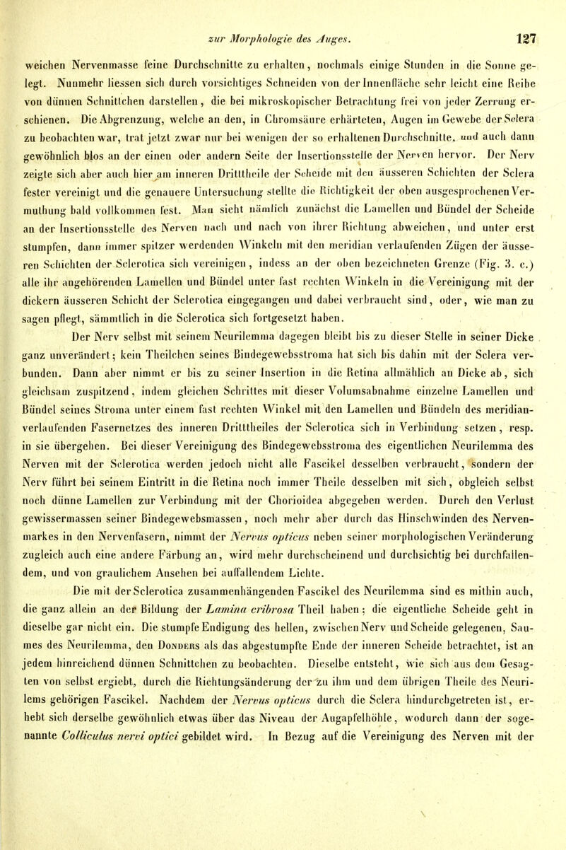 weichen Nerveninasse feine Durchschnitte zu erhalten, nochmals einige Stunden in die Sonne ge- legt. Nunmehr Hessen sich durch vorsichtiges Schneiden von der Innenlläche sehr leiciit eine Reihe von dünnen Schnitlchen darslellea, die bei mikroskopischer Betrachtung Frei von jeder Zerrung er- schienen. Die Abgrenzung, welche an den, in Chromsiüii'e erhärteten, Augen im Gewebe derSoIera zu beobachten war, trat jetzt zwar nur bei wenigen der so erhaltenen Durchschnitte. «J auch dann gewöhnlich Mos an der einen oder andern Seite der Insertionssielie der Nerven hervor. Der Nerv zeigte sich aber auch hier am inneren Dritltheile der Scheide mit den äusseren Schichten der Scleia fester vereinigt und die genauere Untersuchung stellte die Richtigkeit der oben ausgesprochenen Ver- mulhung bald vollkommen lest. M;<n sieht nämlich zunächst die Lamellen und Bündel der Scheide an der InserliousstcUe des Nerven nach und nach von ihrer Richtung abweichen, und unter erst stumpfen, dann immer spitzer werdenden AVinkeln mit den meridian verlaufenden Zügen der äusse- ren Sollichten der Sderolica sich vereinigen, iudess an der oben bezeichneten Grenze (Fig. 3. c.) alle ihr augehörenden Lamellen und Bündel unter fast rechten Winkeln in die Vereinigung mit der dickern äusseren Schicht der Sclerotica eingegangen und dabei verbraucht sind, oder, wie man zu sagen pflegt, säramtlich in die Sclerotica sich fortgesetzt haben. Der Nerv selbst mit seinem Neurilemma dagegen bleibt bis zu dieser Stelle in seiner Dicke ganz unverändert; kein Theilchen seines ßindegewebsstroma hat sich bis dahin mit der Sclera ver- bunden. Dann aber nimmt er bis zu seiner Insertion in die Retina allmählich an Dicke ab, sich gleichsam zuspitzend, indem gleichen Schrittes mit dieser Volumsabnahme einzelne Lamellen und Bündel seines Stroma unter einem fast rechten Winkel mit den Lamellen und Bündeln des meridian- verlaufenden Fasernetzes des inneren Drilttheiles der Sclerotica sich in Verbindung setzen, resp. in sie übergehen. Bei dieser Vereinigung des Bindegewebsstroma des eigentlichen Neurilemma des Nerven mit der Sclerotica werden jedoch nicht alle Fascikel desselben verbraucht, sondern der Nerv führt bei seinem Eintritt in die Retina noch immer Theile desselben mit sich, obgleich selbst noch dünne Lamellen zur Verbindung mit der Chorioidea abgegeben werden. Durch den Verlust gewissermassen seiner ßindegewebsmassen, noch mehr aber durch das Hinschwinden des Nerven- markes in den Nervenfasern, nimmt der Neroits opticus neben seiner morphologischen Veränderung zugleich auch eine andere F'ärbung an, wird mehr durchscheinend und durchsichtig bei durchfallen- dem, und von graulichem Ansehen bei auffallendem Lichte. Die mit der Sclerotica zusammenhängenden Fascikel des Neurilemma sind es mithin auch, die ganz allein an der Bildung der Lamina cribrosa Theil haben; die eigentliche Scheide geht in dieselbe gar nicht ein. Die stumpfe Endigung des hellen, zwischen Nerv und Scheide gelegenen, Sau- mes des Neurilemma, den Donders als das abgestumpfte Ende der inneren Scheide betrachtet, ist an jedem hinreichend dünnen Schnittchen zu beobachten. Dieselbe entsteht, wie sich aus dem Gesag- ten von selbst ergiebt, durch die Richtungsänderung der zu ihm und dem übrigen Theile des Neuri- lems gehörigen Fascikel. Nachdem <le,v Nervus opticas durch die Sclera hindurchgetreten ist, er- hebt sich derselbe gewöhnlich etwas über das Niveau der Augapfelhöhle, wodurch dann der $o^t- mmle Colliculus nß7'oi optici geh'Met Vi/ird. In Bezug auf die Vereinigung des Nerven mit der