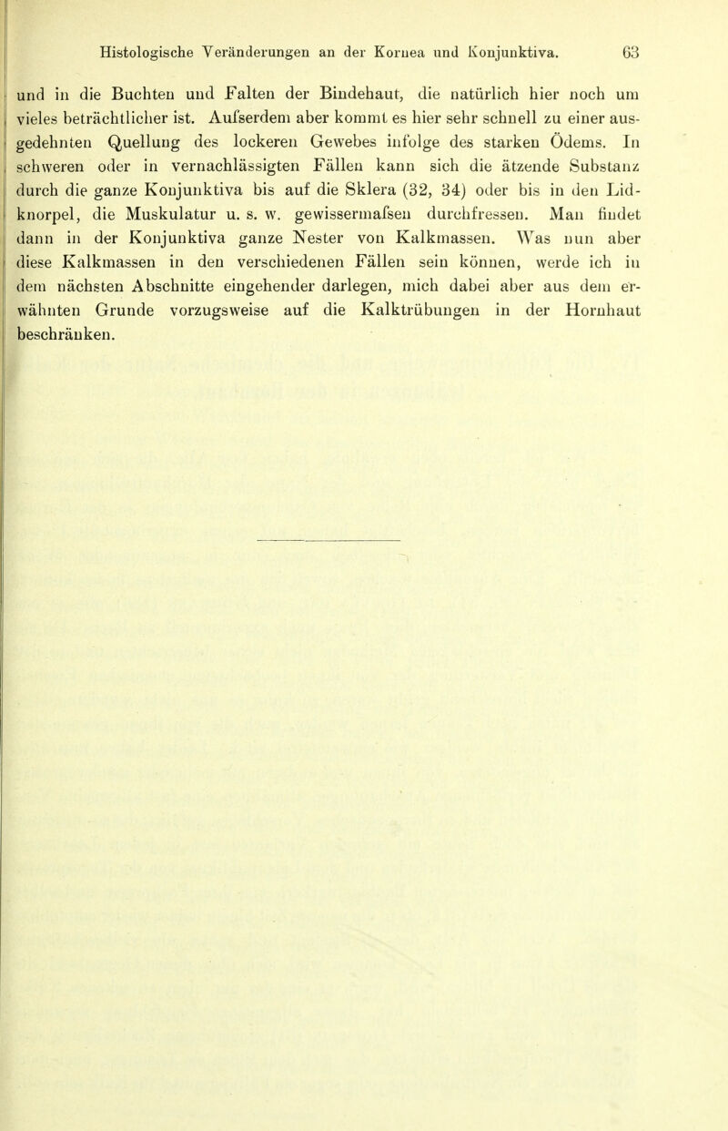 und in die Buchten uud Falten der Bindehaut, die natürlich hier noch um vieles beträchtlicher ist. Aufserdem aber kommt es hier sehr schnell zu einer aus- gedehnten Quellung des lockeren Gewebes infolge des starken Ödems, In schweren oder in vernachlässigten Fällen kann sich die ätzende Substanz durch die ganze Konjunktiva bis auf die Sklera (32, 34) oder bis in den Lid- knorpel, die Muskulatur u. s. w. gewissermafsen durchfressen. Man findet dann in der Konjunktiva ganze Nester von Kalkmassen. Was nun aber diese Kalkmassen in den verschiedenen Fällen sein können, werde ich in dem nächsten Abschnitte eingehender darlegen, mich dabei aber aus dem er- wähnten Grunde vorzugsweise auf die Kalktrübungen in der Hornhaut beschränken.