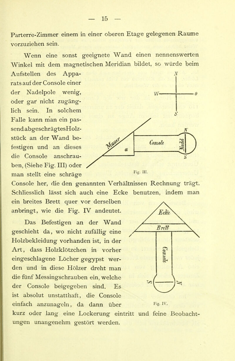 Parterre-Zimmer einem in einer oberen Etage gelegenen Räume vorzuziehen sein. Wenn eine sonst geeignete Wand einen nennenswerten Winkel mit dem magnetischen Meridian bildet, so würde beim Aufstellen des Appa- rats auf der Console einer der Nadelpole wenig, oder gar nicht zugäng- lich sein. In solchem Falle kann man ein pas- send abgeschrägtesHolz- stück an der Wand be- festigen und an dieses die Console anschrau- ben, (Siehe Fig. III) oder man stellt eine schräge Fig. III. Console her, die den genannten Verhältnissen Rechnung trägt. Schliesslich lässt sich auch eine Ecke benutzen, indem man ein breites Brett quer vor derselben anbringt, wie die Fig. IV andeutet. Das Befestigen an der Wand geschieht da, wo nicht zufällig eine Holzbekleidung vorhanden ist, in der Art, dass Holzklötzchen in vorher eingeschlagene Löcher gegypst wer- den und in diese Hölzer dreht man die fünf Messingschrauben ein, welche der Console beigegeben sind. Es ist absolut unstatthaft, die Console kurz oder lang eine Lockerung eintritt und feine Beobacht- ungen unangenehm gestört werden. da