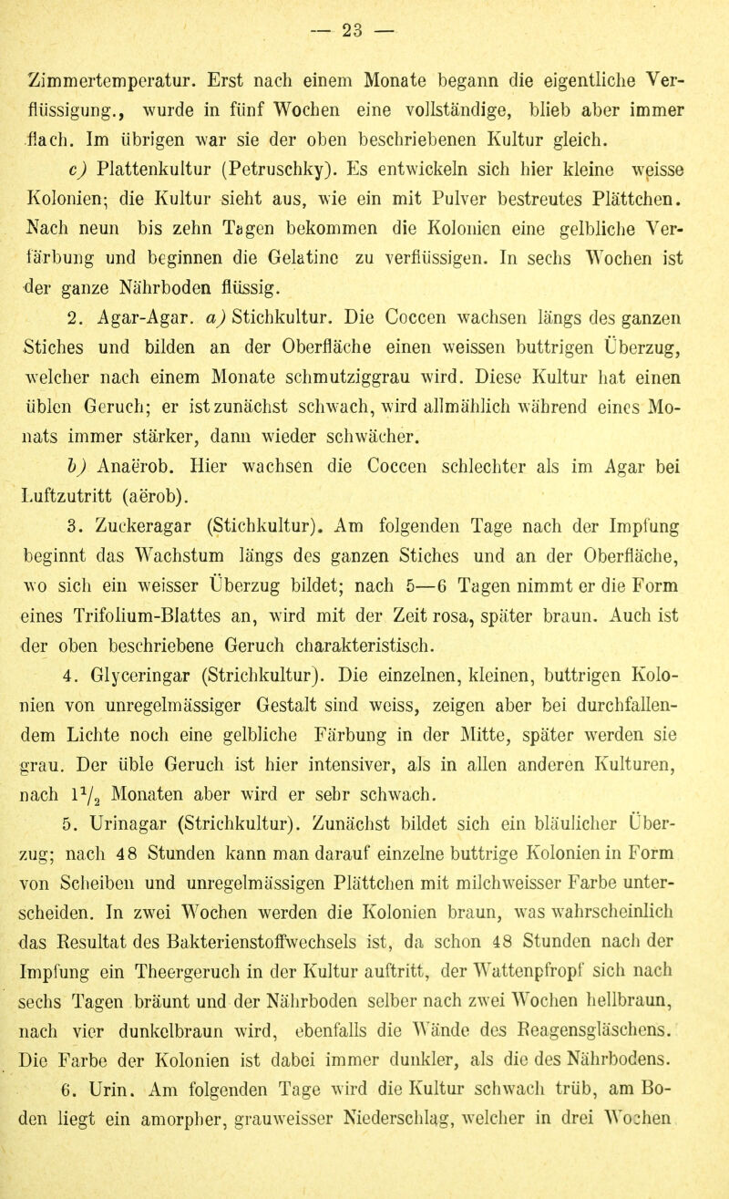 Zimmerteinperatur. Erst nach einem Monate begann die eigentliche Ver- flüssigung., wurde in fünf Wochen eine vollständige, blieb aber immer üach. Im übrigen war sie der oben beschriebenen Kultur gleich. c) Plattenkultur (Petruschky). Y^s entwickeln sich hier kleine weisse Kolonien; die Kultur sieht aus, wie ein mit Pulver bestreutes Plättchen. Nach neun bis zehn Tagen bekommen die Kolonien eine gelbliche Ver- färbung und beginnen die Gelatine zu verflüssigen. In sechs Wochen ist der ganze Nährboden flüssig. 2. Agar-Agar, Stichkultur. Die Coccen wachsen längs des ganzen Stiches und bilden an der Oberfläche einen weissen buttrigen Überzug, w^elcher nach einem Monate schmutziggrau wird. Diese Kultur hat einen üblen Geruch; er ist zunächst schwach, wird allmählich während eines Mo- nats immer stärker, dann wieder schwächer. l) Anaerob. Hier wachsen die Coccen schlechter als im Agar bei Luftzutritt (aerob). 3. Zuckeragar (Stichkultur). Am folgenden Tage nach der Impfung beginnt das Wachstum längs des ganzen Stiches und an der Oberfläche, wo sich ein weisser Überzug bildet; nach 5—6 Tagen nimmt er die Form eines Trifolium-Blattes an, wird mit der Zeit rosa, später braun. Auch ist der oben beschriebene Geruch charakteristisch. 4. Glyceringar (Strichkultur). Die einzelnen, kleinen, buttrigen Kolo- nien von unregelmässiger Gestalt sind weiss, zeigen aber bei durchfallen- dem Lichte noch eine gelbliche Färbung in der Mitte, später werden sie grau. Der üble Geruch ist hier intensiver, als in allen anderen Kulturen, nach 1^/2 Monaten aber wird er sehr schwach. 5. Urinagar (Strichkultur). Zunächst bildet sich ein bläulicher Über- zug; nach 48 Stunden kann man darauf einzelne buttrige Kolonien in Form von Scheiben und unregelmässigen Plättchen mit milchweisser Farbe unter- scheiden. In zwei Wochen werden die Kolonien braun, was wahrscheinlich das Resultat des Bakterienstoffwechsels ist, da schon 48 Stunden nach der Impfung ein Theergeruch in der Kultur auftritt, der Wattenpfropf sich nach sechs Tagen bräunt und der Nährboden selber nach zwei Wochen hellbraun, nach vier dunkelbraun wird, ebenfalls die Wände des Eeagensgläschens. Die Farbe der Kolonien ist dabei immer dunkler, als die des Nährbodens. 6. Urin. Am folgenden Tage wird die Kultur schwach trüb, am Bo- den liegt ein amorpher, grauweisser Niederschlag, welcher in drei Wochen