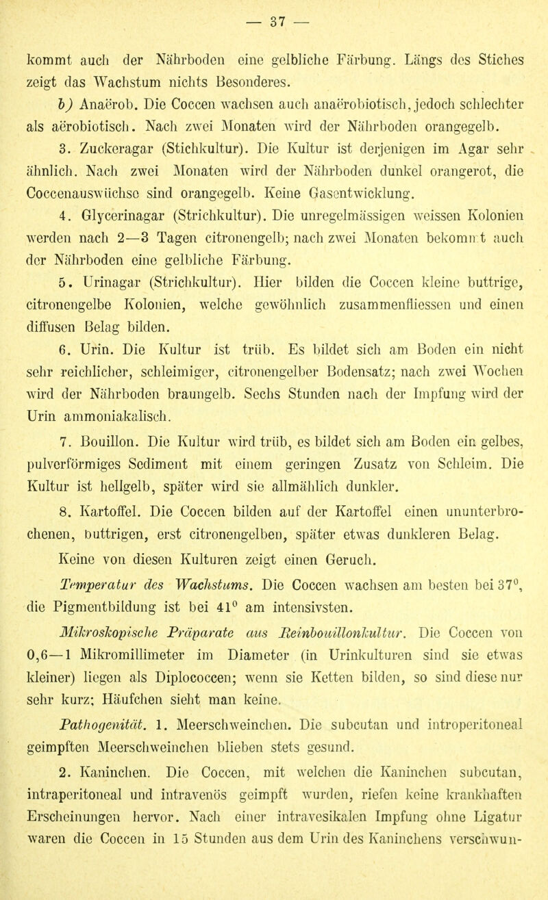 kommt auch der Nährboden eine gelbliche Färbung. Längs des Stiches zeigt das Wachstum nichts Besonderes. h) Anaerob. Die Coccen wachsen auch anaerobiotisch, jedoch schlechter als aerobiotisch. Nach zwei Monaten wird der Nährboden orangegelb. 3. Zuckeragar (Stichkultur). Die Kultur ist derjenigen im x\gar sehr . ähnlich. Nach zwei Monaten wird der Nährboden dunkel orangerot, die Coccenauswüchso sind orangegelb. Keine Gasentwicklung. 4. Glycerinagar (Strichkultur). Die unregelmässigen weissen Kolonien werden nach 2—3 Tagen citronengelb; nach zwei Monaten bekomn t auch der Nährboden eine gelbliche Färbung. 5. UrinagaT (Strichkultur). Hier bilden die Coccen kleine buttrige, citronengelbe Kolonien, welche gewöhnlich zusammenfiiessen und einen diffusen Belag bilden. 6. Urin. Die Kultur ist trüb. Es bildet sich am Boden ein nicht sehr reichlicher, schleimiger, citronengelber Bodensatz; nach zwei Wochen wird der Nährboden braungelb. Sechs Stunden nach der Impfung wird der Urin ammoniakalisch. 7. Bouillon. Die Kultur wird trüb, es bildet sich am Boden ein gelbes, pulverförmiges Sediment mit einem geringen Zusatz von Schleim. Die Kultur ist hellgelb, später wird sie allmählich dunkler. 8. Kartoffel. Die Coccen bilden auf der Kartoffel einen ununterbro- chenen, buttrigen, erst citronengelben, später etwas dunkleren Belag. Keine von diesen Kulturen zeigt einen Geruch. Temperatur des Wachstums. Die Coccen wachsen am besten bei 37^, die Pigmentbildung ist bei 41^ am intensivsten. Mikroskopische Präparate aus HeinbouiTlonlvultur. Die Coccen von 0,6—1 Mikromillimeter im Diameter (in Urinkulturen sind sie etwas kleiner) liegen als Diplococcen; wenn sie Ketten bilden, so sind diese nur sehr kurz; Häufchen sieht man keine, Fathogenität, 1. Meerschweinchen. Die subcutan und introperitoneal geimpften Meerschweinchen blieben stets gesund. 2. Kaninchen. Die Coccen, mit welchen die Kaninchen subcutan, intraperitoneal und intravenös geimpft wurden, riefen keine krankhaften Erscheinungen hervor. Nach einer intravesikalcn Impfung ohne Ligatur waren die Coccen in 15 Stunden aus dem Urin des Kaninchens verscawun-