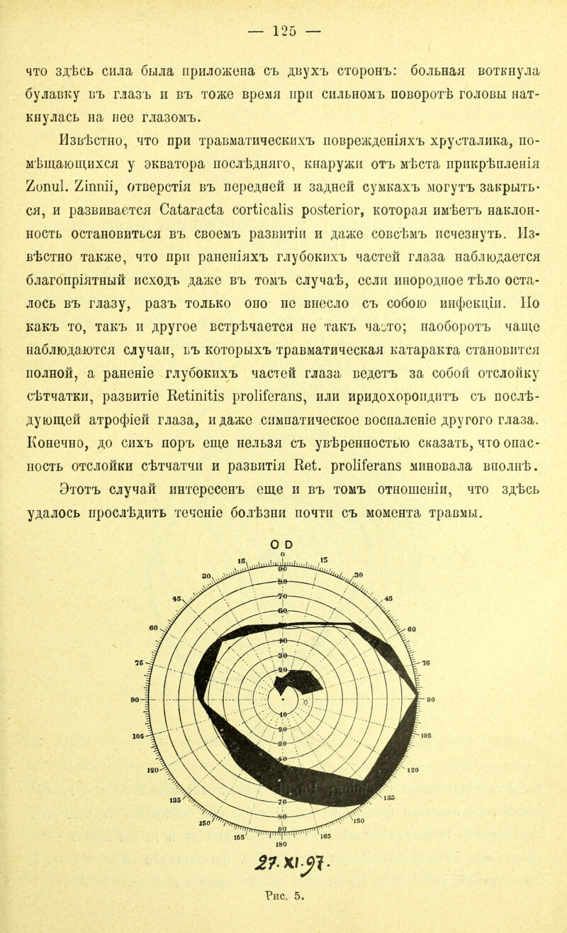 HTO sji.'fecb CHJia ÖBijia npHJioiKeHa cb jiByx^ CTopoH'L: 6ojihEa.ii BOTKnyjia öyjiaBKy bt> oasb h b^b Toace BpeMji iipii ciuibHOM-L noBopoTi roJiOBbi naT- KHyjiacB Ha nee rjiasoM'L. MsB-fecTHO, ^To npn TpaBMaTHHecKHXT, noBpe^eni^ixt xpyoTaJiHKa, no- M'l3maioui,Hxcji y DKBaTopa nocjit;i,Haro, Keapy^KH ottj MtcTa npHKp-fenjjeniji Zünul. Zinnii, OTßepcTm bi> nepeAaefi h saAneü cyMKaxT> MoryT-B sanphiTb- Gü^ H pasBHBaeTca Cataracta corticalis posterior, KOTopaji HM'feeT'B naKJiOH- HOCTb OCTaHOBHTbCil Bl. CBOOMt pa3BHTin H JI,il'MQ COBCtM'L HC^GSHyTt. Hs- ßtcTHO TaKace, ^to npii paneHijjxT» rjiyöoKHxij 'mcTen rjiasa HaÖJiiOÄaeTca ÖJiaronpiaTHLiH hcxo;i;t> .naa^e bt* tomt^ ciiy^a-fe, ccjik HHopo^Hoe T-fejio ocTa- jiocB BTy rjiasy, pasi. tojibko oho ho bhgcjio cb coöoio HH({)eKu,iH. IIo KaK-B TO, TaK'B H jipyroo BCTpifeqaeTCH He TaK^B ^a^To; naoöopoT-B Maui,e HaöjiiOÄaiOTCJi cjiy^an, e'b kotopbix'b TpaBMaTHqecKaa KaTapaKxa CTanoBUTca HOJiHOH, a panenie r.nyooKHX'B ^aciet rjiasa boj^ct-b sa coöoh oTCJiOHKy ci3T^aTKH, pasBHTie Retinitis proliferans, hjih Hpn^i.oxopOHAHT'B ctj nocjit- ji,yioni,eii aTpo(j)ieH rjiasa, H^iaace cnMnaTHqecKoe BOcnajicHie ^pyroro rjiasa. KoHGHHO, äo chxt, nopi> eui,e hgjibsh cb yBtpeHHOCTBK) CKasaTB, ^to onac- HOCTB OTCJiOHKH cfeT^aT^H H pasBHTiH Ret. proliferans MHHOBajia bhojihIs. Stot-b cjiy^aH HHTepccen'B eme h b'b tom'b OTHomeniH, ^ito sß^tch y^ajiGCB npocjitAHTB Te^ome öoji'fesHH homth cb MOMeHia TpaßMbi. Phc. 5.