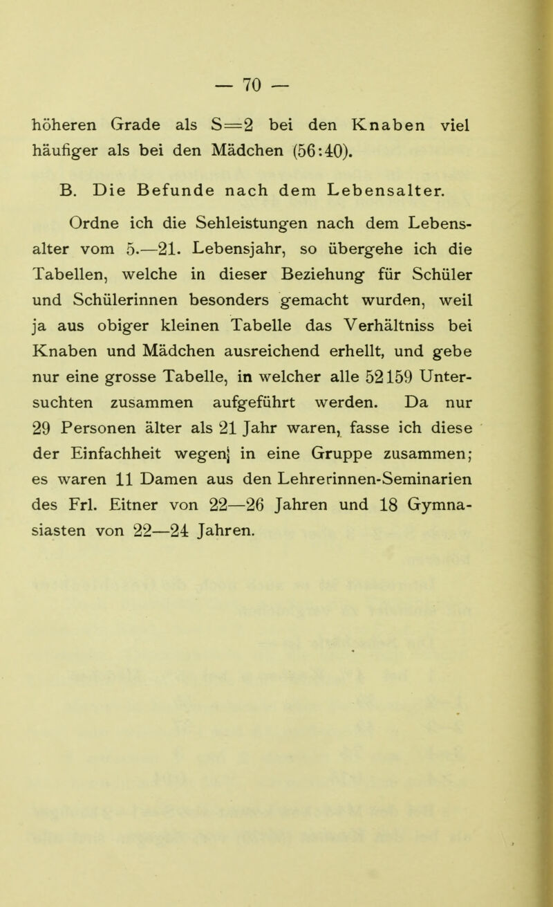 höheren Grade als S=2 bei den Knaben viel häufiger als bei den Mädchen (56:40). B. Die Befunde nach dem Lebensalter. Ordne ich die Sehleistungen nach dem Lebens- alter vom 5.—21. Lebensjahr, so übergehe ich die Tabellen, welche in dieser Beziehung für Schüler und Schülerinnen besonders gemacht wurden, weil ja aus obiger kleinen Tabelle das Verhältniss bei Knaben und Mädchen ausreichend erhellt, und gebe nur eine grosse Tabelle, in welcher alle 52159 Unter- suchten zusammen aufgeführt werden. Da nur 29 Personen älter als 21 Jahr waren, fasse ich diese der Einfachheit wegenj in eine Gruppe zusammen; es waren 11 Damen aus den Lehrerinnen-Seminarien des Frl. Eitner von 22—26 Jahren und 18 Gymna- siasten von 22—24 Jahren.