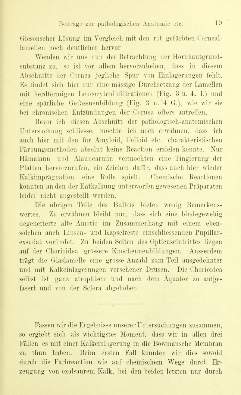 Giesonscher Lösung im Vergleich mit den rot gefärbten Corneal- lamellen noch deutlicher hervor Wenden wir uns nun der Betrachtung der Hornhautgrund- substanz zu, so ist vor allem hervorzuheben, dass in diesem Abschnitte der Cornea jegliche Spur von Einlagerungen fehlt. Es findet sich hier nur eine massige Durchsetzung der Lamellen mit herdförmigen Leucocyteninfiltrationen (Fig. 3 u. 4. L) und eine spärliche Gefässneubildung (Fig. 3 u. 4 G.), wie wir sie bei chronischen Entzündungen der Cornea öfters antreffen. Bevor ich diesen Abschnitt der pathologisch-anatomischen Untersuchung schliesse, möchte ich noch erwähnen, dass ich auch hier mit den für Amyloid, Colloid etc. charakteristischen Färbungsmethoden absolut keine Reaction erzielen konnte. Nur Hämalaun und Alauncarmin vermochten eine Tingierung der Platten hervorzurufen, ein Zeichen dafür, dass auch hier wieder Kalkimprägnation eine Rolle spielt. Chemische Reactionen konnten'an den der Entkalkung unterworfen gewesenen Präparaten leider nicht angestellt werden. Die übrigen Teile des Bulbus bieten wenig Bemerkens- wertes. Zu erwähnen bleibt nur, dass sich eine bindegewebig degenerierte alte Amotio im Zusammenhang mit einem eben- solchen auch Linsen- und Kapselreste einschliessenden Pupülar- exsudat vorfindet. Zu beiden Seiten des Opticuseintrittes liegen auf der Chorioidea grössere Knochenneubildungen. Ausserdem trägt die Glaslamelle eine grosse Anzahl zum Teil ausgedehnter und mit Kalkeinlagerungen versehener Drusen. Die Chorioidea selbst ist ganz atrophisch und nach dem Äquator zu aufge- fasert und von der Sclera abgehoben. Fassen wir die Ergebnisse unserer LTntersuchungen zusammen, so ergiebt sich als wichtigstes Moment, dass wir in allen drei Fällen es mit einer Kalkeinlagerung in die Bowmansche Membran zu thun haben. Beim ersten Fall konnten wir dies sowohl durch die Farbreaction wie auf chemischem Wege durch Er- zeugung von oxalsaurem Kalk, bei den beiden letzten nur durch