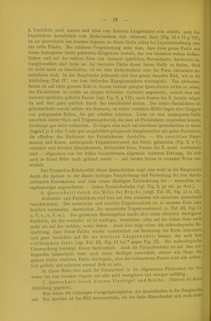 4. Venlriliols nacli aussen und oben vom hinteren Längsbündel sich abliebt, auch das Facialislmio dorsalwärts vom Abducenskern sich erkennen lässt (Fig. 10 n VI g VII) ist am Querschnitt des kranken Organes an dieser Stelle schon bei Lupenbetrachtung eine öde todte FLäche. Bei stärkerer Vergrösserung sieht man, dass diese ganze Partie aus einem homogenen leicht gekörnten Gliagewebe besteht, das von einzelnen weiten Gefäss- lücken und auf der rechten Seite von äusserst spärlichen Nervenfasern durchsetzt ist. Ganglienzellen sind links au der ventralen Partie dieser leeren Stelle zu finden, doch ist nicht mehr zu beurtheilen, ob sie dem Abducenskern oder der Form, reticularis zu- zurechnen sind. In der Hauptsache präsentirt sich hier genau dasselbe Bild, wie es die Abbildung (Taf. IV) von dem fehlenden Hypoglossuskern wiedergiebt. Von Abducens- fasern ist auf einer grossen Zahl in diesem Gebiete gelegter Querschnitte nichts zu sehen, das Faciftlisknie ist rechts an einigen Schnitten vielleicht angedeutet, enthält aber nur äusserst spärliche gefärbte Fasern (vgl. Fig. 9, g VII); auch Fasern des N. facialis mögen da und dort ganz spärlich durch das Gesichtsfeld ziehen. Der rechte Facialiskern ist grösstentheils sowohl zellen- wie faserarm, an seiner ventralen Hälfte liegen aber Gruppen von polygonalen Zellen, die gut erhalten scheinen. Links ist eine ausgesparte Stelle zwischen oberer Olive und Trigemiuuswurzel, die man als Facialiskern ansprechen könnte, überhaupt gar nicht vorhanden. Es liegen aber auch auf einzelnen Querschnitten in dieser Gegend je 2 oder 3 sehr gut ausgebildete polygonale Ganglienzellen mit guten Fortsätzen, die offenbar das Rudiment des Facialiskernes darstellen. — Die sensiblen Faser- massen und Kerne, aufsteigende Trigemiuuswurzel mit Subst. gelatinosa (Fig. 9, n V), ventraler und dorsaler Akustikuskern, Deiterscher Kern, Fasern des N. acust. vestibularis sind — abgesehen von der früher beschriebenen allgemein matteren Färbung, die sich auch in dieser Höhe noch geltend macht — auf beiden Seilen in normaler Weise ent- wickelt. Das Pyramiden-Brückenfeld dieses Querschnittes zeigt eine wohl in der Hauptsache durch die Aplasie in der Haube bedingte Verschiebung und Verwerfung der hier durch- ziehenden Fasermassen und eine etwas dürftigere Entwickelung der — ausserdem uu- regelmässiger angeordneten — linken Pyramidenbahn (vgl. Fig. 9, py sin. py dext.). 6. Querschnitt durch die Mitte der Brücke (vergl. Taf. HI, Fig. 11 u. 12). Abducens- und Facialiskern sind hier auf dem normalen wie abnormen Querschnitt verschwunden. Der motorische und sensible Trigeminuskern ist in unserem Falle sehr deutlich vorhanden, dazwischen die motorische Trigemiuuswurzel (s. Taf. IH, Fig. 11 n. V. s., n. V. m.). Das gesammte Haubengebiet macht aber einen erheblich dürftigeren Eindruck, als das normale; es ist niedriger, faserärmer, alles auf der linken Seite noch mehr als auf der rechten, sowie bisher. Auch hier zeigt schon die mil<rosl(opische Be- trachtung, dass dieser Fehler wieder vornehmlich auf Rechnung der Form, reticularis und o-an'z besonders auf die des hinteren Längsbündels kommt, das auch hier vollkommen fehlt (vgl. Taf. HI, Fig. II bei* gegen Fig. 12). Die mikroskopische Untersuchung bestätigt diesen Sachverhalt. Auch die Pyramidonbahn ist auf dorn vor- [ie-enden Querschnitt links noch etwas dürftiger entwickelt, ebenso wie längs der ganzen bisher sludirten Partie desOrgans, aber die vorhandenen Fasern sind alle ordent- lich gefärbt und scheinen normal dick zu sein. In dieser Höhe hört auch der Unterschied in der allgemeinen Färbbari(eit des be- webes bei dem kranken Organe auf oder wird wenigstens viel weniger auffällig. 7. Querschnitt durch hintere Vicrhügel und Brücke. (Hiervon ist kerne '^''^''inl^lfö?en''dii'bisherigen Unregelmässigkeiten des Querschnittes in der Hauptsache auf. Nur insofern ist das Bild asymmetrisch, als der linke Hirnschenkel s.ch noch mein