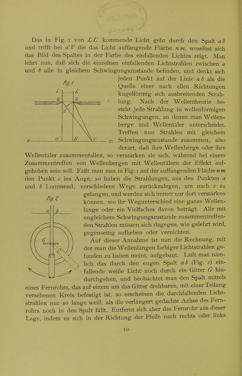 - m Das in Fig. i von LL! kommende Licht geht durch den Spalt ab und trifft bei b' die das Licht auffangende Fläche nm, woselbst sich das Bild des Spaltes in der Farbe des einfallenden Lichtes zeigt. Man lehrt nun, daß sich die einzelnen einfallenden Lichtstrahlen zwischen a und b alle in gleichem Schwingungszustande befinden, und denkt sich jeden Punkt auf der Linie a b als die Quelle einer nach allen Richtungen kugelförmig sich ausbreitenden Strah- lung. Nach der Wellentheorie be- steht jede Strahlung in wellenförmigen Schwingungen, an denen man Wellen- berge und Wellentäler unterscheidet. Treffen nun Strahlen mit gleichem Schwingungszustande zusammen, also derart, daß ihre Wellenberge oder ihre Wellentäler zusammenfallen, so verstärken sie sich, während bei einem Zusammentreffen von Wellenbergen mit Wellentälern der Effekt auf- gehoben sein soll. Faßt man nun in Fig. i auf der auffangenden Fläche«/« den Punkt c ins Auge, so haben die Strahlungen, aus den Punkten a und b l.ommend, verschiedene Wege zurückzulegen, um nach c zu gelangen, und werden sich immer nur dort verstärken können, wo ihr Wegunterschied eine ganze Wellen- länge oder ein Vielfaches davon beträgt. Alle mit ungleichem Schwingungszustande zusammentreffen- den Strahlen müssen sich dagegen, wie gelehrt wird, gegenseitig aufheben oder vernichten. Auf dieser Annahme ist nun die Rechnung, mit der man die Wellenlängen farbiger Lichtstrahlen ge- funden zu haben meint, aufgebaut. Läßt man näm- lich das durch den engen Spalt ab (Fig. 2) ein- fallende weiße Licht noch durch ein Gitter G hin- durchgehen, und beobachtet man den Spalt mittels eines Fernrohrs, das auf einem um das Gitter drehbaren, mit einer Teilung versehenen Kreis befestigt ist, so erscheinen die durchfallenden Licht- strahlen nur so lange weiß, als die verlängert gedachte Achse des Fern- rohrs noch in den Spalt fällt. Entfernt sich aber das Fernrohr aus dieser Lage, indem es sich in der Richtung der Pfeile nach rechts oder Imks