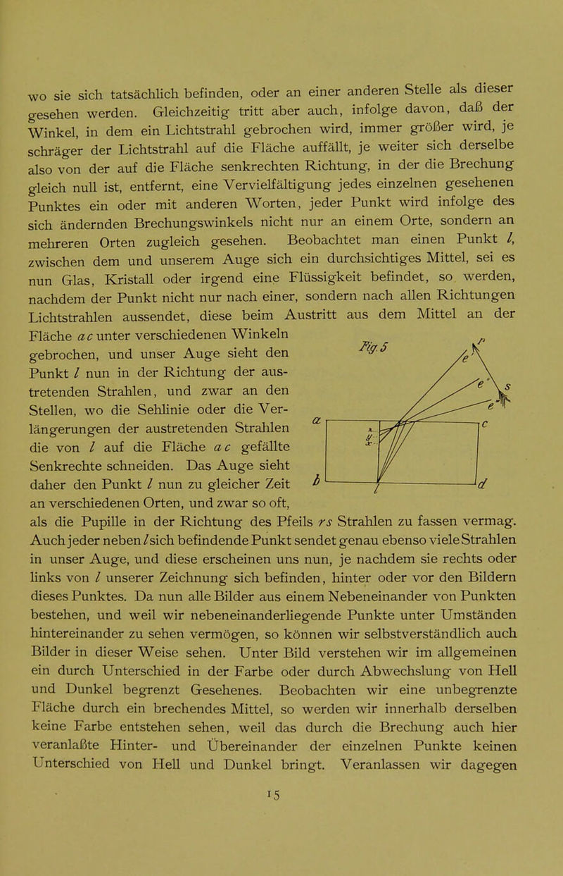 a wo sie sich tatsächlich befinden, oder an einer anderen Stelle als dieser gesehen werden. Gleichzeitig tritt aber auch, infolge davon, daß der Winkel, in dem ein Lichtstrahl gebrochen wird, immer größer wird, je schräger der Lichtstrahl auf die Fläche auffällt, je weiter sich derselbe also von der auf die Fläche senkrechten Richtung, in der die Brechung gleich null ist, entfernt, eine Vervielfältigung jedes einzelnen gesehenen Punktes ein oder mit anderen Worten, jeder Punkt wird infolge des sich ändernden Brechungswinkels nicht nur an einem Orte, sondern an mehreren Orten zugleich gesehen. Beobachtet man einen Punkt /, zwischen dem und unserem Auge sich ein durchsichtiges Mittel, sei es nun Glas, Kristall oder irgend eine Flüssigkeit befindet, so werden, nachdem der Punkt nicht nur nach einer, sondern nach allen Richtungen Lichtstrahlen aussendet, diese beim Austritt aus dem Mittel an der Fläche «runter verschiedenen Winkeln gebrochen, und unser Auge sieht den Punkt / nun in der Richtung der aus- tretenden Strahlen, und zwar an den Stellen, wo die Sehlinie oder die Ver- längerungen der austretenden Strahlen die von / auf die Fläche ac gefällte Senkrechte schneiden. Das Auge sieht daher den Punkt / nun zu gleicher Zeit an verschiedenen Orten, und zwar so oft, als die Pupille in der Richtung des Pfeils rs Strahlen zu fassen vermag. Auch jeder neben /sich befindende Punkt sendet genau ebenso vieleStrahlen in unser Auge, und diese erscheinen uns nun, je nachdem sie rechts oder links von / unserer Zeichnung sich befinden, hinter oder vor den Bildern dieses Punktes. Da nun alle Bilder aus einem Nebeneinander von Punkten bestehen, und weil wir nebeneinanderliegende Punkte unter Umständen hintereinander zu sehen vermögen, so können wir selbstverständlich auch Bilder in dieser Weise sehen. Unter Bild verstehen wir im allgemeinen ein durch Unterschied in der Farbe oder durch Abwechslung von Hell und Dunkel begrenzt Gesehenes. Beobachten wir eine unbegrenzte Fläche durch ein brechendes Mittel, so werden wir innerhalb derselben keine Farbe entstehen sehen, weil das durch die Brechung auch hier veranlaßte Hinter- und Übereinander der einzelnen Punkte keinen Unterschied von Hell und Dunkel bringt. Veranlassen wir dagegen Jt., W 1 Je-