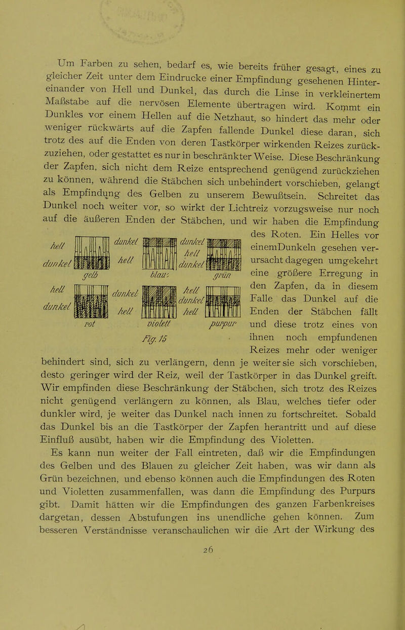 Um Farben zu sehen, bedarf es, wie bereits früher gesagt eines zu gleicher Zeit unter dem Eindrucke einer Empfindung gesehenen Hinter einander von Hell und Dunkel, das durch die Linse in verkleinertem Maßstabe auf die nervösen Elemente übertragen wird. Kommt ein Dunkles vor einem Hellen auf die Netzhaut, so hindert das mehr oder weniger rückwärts auf die Zapfen fallende Dunkel diese daran, sich trotz des auf die Enden von deren Tastkörper wirkenden Reizes zurück- zuziehen, oder gestattet es nur in beschränkter Weise. Diese Beschränkung der Zapfen, sich nicht dem Reize entsprechend genügend zurückziehen zu können, während die Stäbchen sich unbehindert vorschieben, gelangt als Empfindung des Gelben zu unserem Bewußtsein. Schreitet das Dunkel noch weiter vor, so wirkt der Lichtreiz vorzugsweise nur noch auf die äußeren Enden der Stäbchen, und wir haben die Empfindung des Roten. Ein Helles vor dunkel eineniDunkeln gesehen ver- ursacht dagegen umgekehrt eine größere Erregung in den Zapfen, da in diesem Falle das Dunkel auf die Enden der Stäbchen fällt und diese trotz eines von ihnen noch empfundenen Reizes mehr oder weniger dankel Aeä danA-el hell puppur behindert sind, sich zu verlängern, denn je weiter sie sich vorschieben, desto geringer wird der Reiz, weil der Tastkörper in das Dunkel greift. Wir empfinden diese Beschränkung der Stäbchen, sich trotz des Reizes nicht genügend verlängern zu können, als Blau, welches tiefer oder dunkler wird, je weiter das Dunkel nach innen zu fortschreitet. Sobald das Dunkel bis an die Tastkörper der Zapfen herantritt und auf diese Einfluß ausübt, haben wir die Empfindung des Violetten. Es kann nun weiter der Fall eintreten, daß wir die Empfindungen des Gelben und des Blauen zu gleicher Zeit haben, was wir dann als Grün bezeichnen, und ebenso können auch die Empfindungen des Roten und Violetten zusammenfallen, was dann die Empfindung des Purpurs gibt. Damit hätten wir die Empfindungen des ganzen Farbenkreises dargetan, dessen Abstufungen ins unendhche gehen können. Zum besseren Verständnisse veranschaulichen wir die Art der Wirkung des