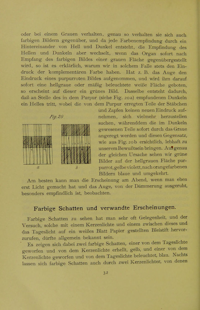 oder bei einem Grauen verhalten, genau so verhalten sie sich auch farbigen Bildern gegenüber, und da jede Farbenempfindung durch ein Hintereinander von Hell und Dunkel entsteht, die Empfindung des Hellen und Dunkeln aber wechselt, wenn das Organ sofort nach Empfang des farbigen Bildes einer grauen Fläche gegenübergestellt wird, so ist es erklärUch, warum wir in solchem Falle stets den Ein- druck der komplementären Farbe haben. Hat z. B. das Auge den Eindruck eines purpurroten Bildes aufgenommen, und wird ihm darauf sofort eine hellgraue oder mäßig beleuchtete weiße Fläche geboten, so erscheint auf dieser ein grünes Bild. Dasselbe entsteht dadurch, daß an Stelle des in dem Purpur (siehe Fig. 20a) empfundenen Dunkeln ein Helles tritt, wobei die von dem Purpur erregten Teile der Stäbchen und Zapfen keinen neuen Eindruck auf- Fiff.20 nehmen, sich vielmehr herzustellen suchen, währenddem die im Dunkeln gewesenen Teile sofort durch das Graue angeregt werden und diesen Gegensatz, wie aus Fig. 20b ersichtlich, lebhaft zu unserem Bewußtsein bringen. AuS genau der gleichen Ursache sehen wir grüne Bilder auf der hellgrauen Fläche pur- a- b purrot, gelbe violett, nach orangefarbenen Bildern blaue und umgekehrt. Am besten kann man die Erscheinung am Abend, wenn man eben erst Licht gemacht hat und das Auge, von der Dämmerung ausgeruht, besonders empfindlich ist, beobachten. Farbige Schatten und verwandte Erscheinungen. Farbige Schatten zu sehen hat man sehr oft Gelegenheit, und der Versuch, solche mit einem Kerzenhchte und einem zwischen dieses und das TagesUcht auf ein weißes Blatt Papier gestellten Bleistift hervor- zurufen, dürfte allgemein bekannt sein. ■ Es zeigen sich dabei zwei farbige Schatten, einer von dem TagesHchte geworfen und von dem Kerzenlichte erhellt, gelb, und einer von dem Kerzenlichte geworfen und von dem Tageslichte beleuchtet, blau. Nachts lassen sich farbige Schatten auch durch zwei Kerzenlichter, von denen