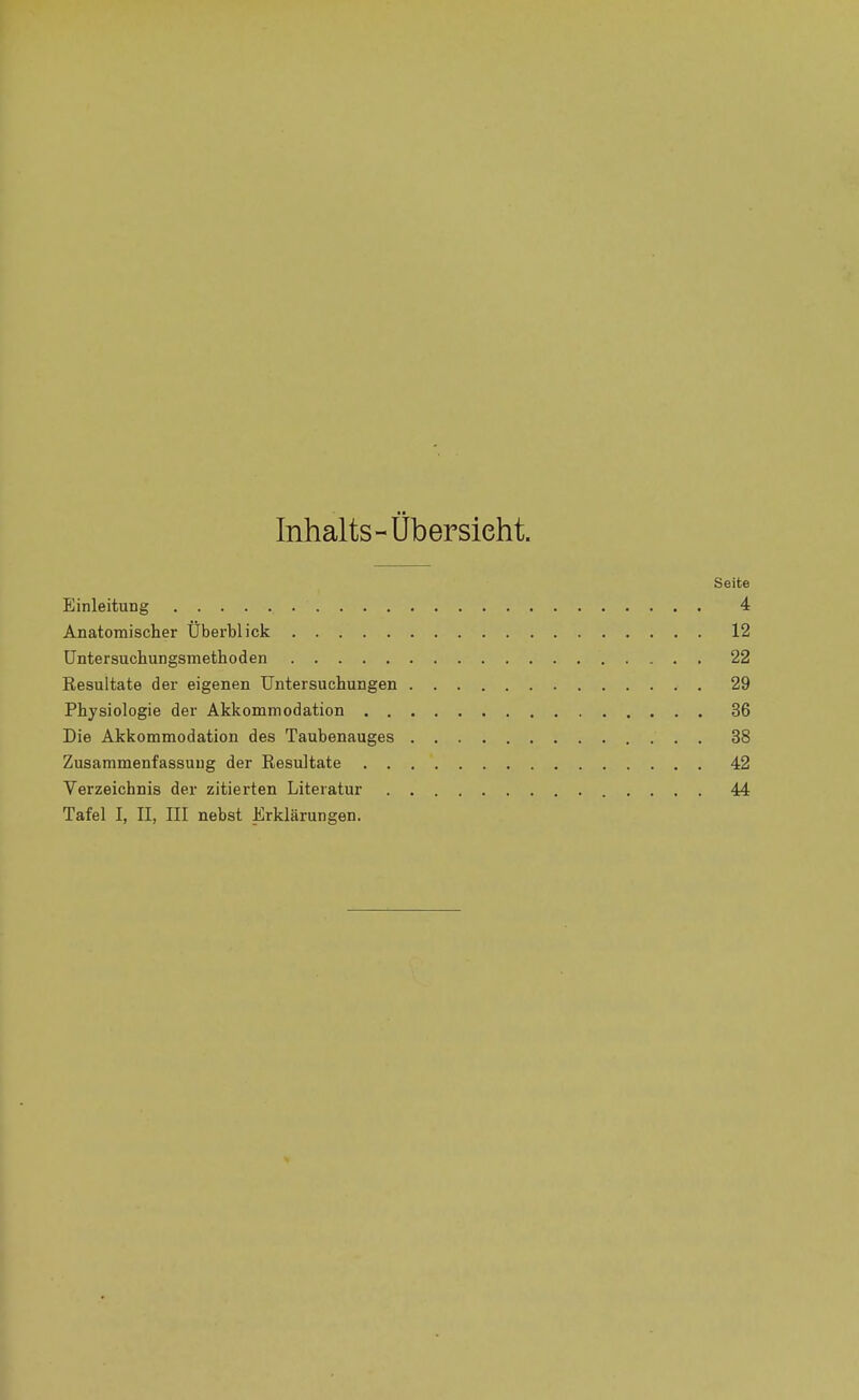 Inhalts-Obersieht. Seite Einleitung 4 Anatomischer Überblick 12 Untersuchungsmethoden 22 Resultate der eigenen Untersuchungen 29 Physiologie der Akkommodation 36 Die Akkommodation des Taubenauges 38 Zusammenfassung der Resultate 42 Verzeichnis der zitierten Literatur 44