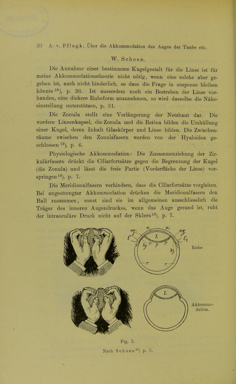 W. Schoen. Die Annahme einer bestimmten Kugelgestalt für die Linse ist für meine Akkomraodationstheorie nicht nötig, wenn eine solche aber ge- geben ist, auch nicht hinderlich, so dass die Frage in suspenso bleiben könnte ^^), p. 36. Ist ausserdem noch ein Bestreben der Linse vor- handen, eine dickere Ruheform anzunehmen, so wird dasselbe die Nähe- einstellung unterstützen, p. 31. Die Zonula stellt eine Verlängerung der Netzhaut dar. Die vordere Linsenkapsel, die Zonula und die Retina bilden die Umhüllung einer Kugel, deren Inhalt Glaskörper und Linse bilden. Die Zwischen- räume zwischen den Zonulafasern werden von der Hyaloidea ge- schlossen 1^), p. 6. Physiologische Akkommodation: Die Zusammenziehung der Zir- kulärfasern drückt die Ciliarfortsätze gegen die Begrenzung der Kugel (die Zonula) und lässt die freie Partie (Vorderfläche der Linse) vor- springen i^), p. 7. Die Meridionalfasern verhindern, dass die Ciliarfortsätze vorgleiten. Bei angestrengter Akkommodation drücken die Meridionalfasern den Ball zusammen, sonst sind sie im allgemeinen ausschliesslich die Träger des inneren Augendruckes, wenn das Auge gesund ist, ruht der intraoculäre Druck nicht auf der Sklera i^), p. 7. Fig. 2. Nach Schoen') p. ö.