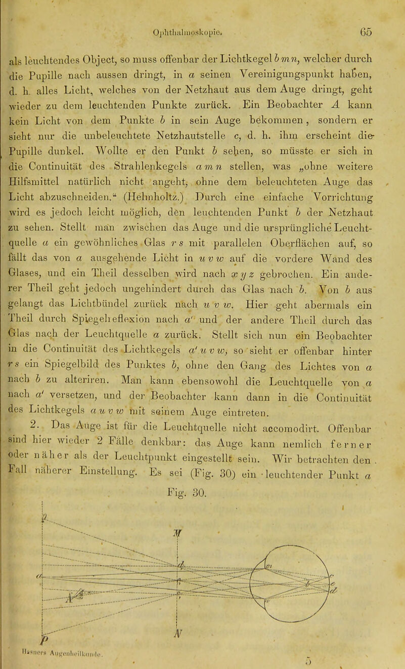 als leuchtendes Object, so muss offenbar der Lichtkegel bmn, welcher durch die Pupille nach aussen dringt, in a seinen Vereinigungspunkt haßen, d. h. alles Licht, welches von der Netzhaut aus dem Auge dringt, geht wieder zu dem leuchtenden Punkte zurück. Ein Beobachter A kann kein Licht von dem Punkte b in sein Auge bekommen , sondern er sieht nur die unbeleuchtete Netzhautstelle c, d. h. ihm erscheint die- Pupille dunkel. Wollte er den Punkt b sehen, so müsste er sich in die Continuität des Strahlenkegels amn stellen, was „ohne weitere Hilfsmittel natürlich nicht angeht, ohne dem beleuchteten Auge das Licht abzuschneiden. (Helmholtz.) Durch eine einfache Vorrichtung wird es jedoch leicht möglich, den leuchtenden Punkt b der Netzhaut zu sehen. Stellt man zwischen das Auge und die ursprüngliche Leucht- quelle a ein gewöhnliches Glas r s mit parallelen Oberflächen auf, so fällt das von a ausgehende Licht m uvw auf die vordere Wand des Glases, und ein Theil desselben wird nach xyz gebrochen. Ein ande- rer Theil geht jedoch ungehindert durch das Glas nach b. Von b aus gelangt das Lichtbündel zurück nach u v w. Hier geht abermals ein Theil durch Spiegeheflexion nach a' und der andere Theil durch das Glas nach der Leuchtquelle a zurück. Stellt sich nun ein Beobachter in die Continuität des Lichtkegels a'uvw, so sieht er offenbar hinter rs ein Spiegelbild des Punktes b, ohne den Gang des Lichtes von a nach b zu alteriren. Man kann ebensowohl die Leuchtquelle von a nach a' versetzen, und der Beobachter kann dann in die Continuität des Lichtkegels auvio mit seinem Auge eintreten. 2. Das Auge ist für die Leuchtquelle nicht accomodirt. Offenbar sind hier wieder 2 Fälle denkbar: das Auge kann nemlich ferner oder näher als der Leuchtpunkt eingestellt sein. Wir betrachten den . Fall näherer Einstellung. Es sei (Fig. 30) ein - leuchtender Punkt a Fig. 30. HjMioii Augenheilkunde