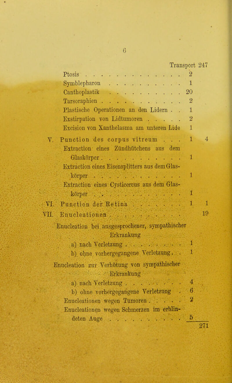 Transport 247 Ptosis 2 Symblepharon 1 Canthoplastik 20 Tarsoraphien 2 Plastische Operationen an den Lidern . . 1 Exstirpation von Lidtumoren 2 Excision von Xanthelasma am miteren Lide 1 V. Punction des corpus vitreum ... 1 4 Extraction- eines Zündhütchens aus dem Glaskörper 1 Extraction eines Eisensplitters aus dem Glas- körper 1 Extraction- eines' Cysticercus aus dem Glas- köiper 1 -•^li-Punction der Ket 1 1 YII. Enucleatipn,eji.. 19 ^-^niiQleatbn _ ^ t^iäi!isg^^>bdiener^. sympathischer • ■ ■: ^■'■7,\;v Erkrankung ä) nach Verletzung . .. , . . • • • 1 h)., ohne, vorhergegangene Verletzung... 1 EtitiGleation^im-^'^ von symßäthischer a) nach Verletzung , 4 b) ohne vorhergegangene Verletzung . 6 Enucleationen wegen Tumoren 2 Enucleationen wegen Schmerzen im erblin- deten Auge 5 271