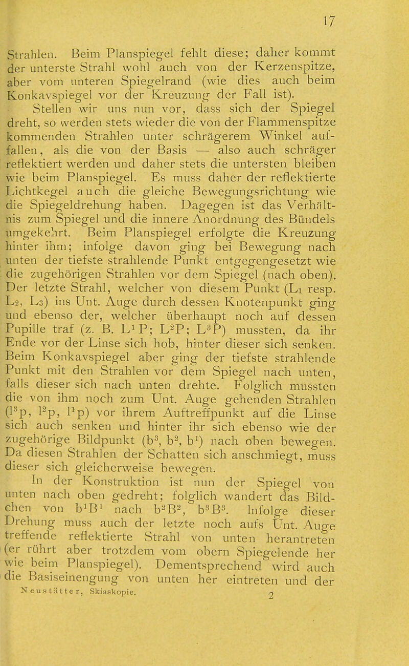 Strahlen. Beim Planspiegel fehlt diese; daher kommt der unterste Strahl wohl auch von der Kerzenspitze, aber vom unteren Spiegelrand (wie dies auch beim Konkavspiegel vor der Kreuzung der Fall ist). Stellen wir uns nun vor, dass sich der Spiegel dreht, so werden stets wieder die von der Flammensj^itze kommenden Strahlen unter schrägerem Winkel auf- fallen , als die von der Basis — also auch schräger reflektiert werden und daher stets die untersten bleiben wie beim Planspiegel. Es muss daher der reflektierte Lichtkegel auch die gleiche Bewegungsrichtung wie die Spiegeldrehung haben. Dagegen ist das Verhiilt- nis zum Spiegel und die innere Anordnung des Bündels umgekehrt. Beim Planspiegel erfolgte die Kreuzung hinter ihm; infolge davon ging bei Bewegung nach unten der tiefste strahlende Punkt entgep-eng-esetzt wie die zugehörigen Strahlen vor dem Spiegel (nach oben). Der letzte Strahl, welcher von diesem Punkt (Li resp. L2, L3) ins Unt. Auge durch dessen Knotenpunkt ging und ebenso der, welcher überhaupt noch auf dessen Pupille traf (z. B. L> P; L^P; L^P) mussten, da ihr Ende vor der Linse sich hob, hinter dieser sich senken. Beim Konkavspiegel aber ging der tiefste strahlende Punkt mit den Strahlen vor dem Spiegel nach unten, falls dieser sich nach unten drehte. Folghch mussten die von ihm noch zum Unt. Auge gehenden Strahlen (Pp, Pp, Pp) vor ihrem Auftreffpunkt auf die Linse sich auch senken und hinter ihr sich ebenso wie der zugehörige Bildpunkt (b^, b^, b') nach oben bewegen. Da diesen Strahlen der Schatten sich anschmiegt, muss dieser sich gleicherweise bewegen. In der Konstruktion ist nun der Spiegel von unten nach oben gedreht; folglich wandert das Bild- chen von b^B» nach b^^B^, b^B^. Infolge dieser Drehung muss auch der letzte noch aufs Ünt. Auge treffende reflektierte Strahl von unten herantreten (er rührt aber trotzdem vom obern Spiegelende her wie beim Planspiegel). Dementsprechend wird auch ■die Basiseinengung von unten her eintreten und der Ncustättcr, Skiaskopie. n