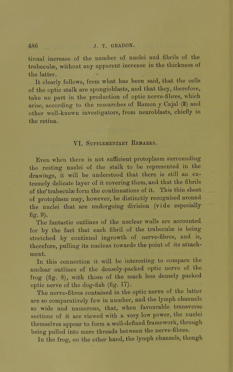 tinual increase of the number of nuclei and fibrils of the trabeculge, without any apparent increase in the thickness of the latter. It clearly follows, from what has been said, that the cells of the optic stalk are spongioblasts, and that they, therefore, take no part in the production of optic nerve-fibres, which arise, according to the researches of Ramon y Cajal (2) and other well-known investigators, from neuroblasts, chiefly in the retina. VI. Supplementary Eemarks. Even when there is not sufficient protoplasm surrounding the resting nuclei of the stalk to be represented in the drawings, it will be understood that there is still an ex- tremely delicate layer of it covering them, and that the fibrils of theHrabeculse form the continuations of it. This thin sheet of protoplasm may, however, be distinctly recognised around the nuclei that are undergoing division (vide especially fig. 9). The fantastic outlines of the nuclear walls are accounted for by the fact that each fibril of the trabeculaB is being stretched by continual ingrowth of nerve-fibres, and is, therefore, pulling its nucleus towards the point of its attach- ment. In this connection it will be interesting to compare the nuclear outlines of the densely-packed optic nerve of the frog (fig. 8), with those of the much less densely packed optic nerve of the dog-fish (fig. 17). The nerve-fibres contained in the optic nerve of the latter are so comparatively few in number, and the lymph channels so wide and numerous, that, when favourable transverse sections of it are viewed with a very low power, the nuclei themselves appear to form a well-defined framework, through being pulled into mere threads between the nerve-fibres. In the frog, on the other hand, the lymph channels, though