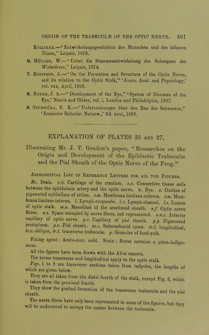 KoLLiKER.—Eatwickelungsgescliiclite des Menschen und des holieren Thiere, Leipzic, 1879. 6. MuLLER, W.— Ueber die Stammesentwickelung des Sehorgans der Wirbeltiere, Leipzic, 1874. 7. Robinson, A.—On tlie Formation and Structure of the Optic Nerve, and its relation to the Optic Stalk, ' Journ. Anat. and Physiology,' vol. XXX, April, 1896. 8. Ryder, J, A.— Development of the Eye, ' System of Diseases of the Eye,' Norris and Oliver, vol. i, London and Philadelpliia, 1897. 9. Studnicka., F. K.— Untersuchungen iiber den Bau des Sehnerven, * Jenaische Zeitschr. Naturw.,' Bd. xxxi, 1898. EXPLANATION OF PLATES 26 and 27, Illustrating Mr. J. T. Gradon's paper, Researches on the Origin and Development of the Epiblastic Trabecule and the Pial Sheath of the Optic Nerve of the Frog. Alphabetical List of Reference Letters for all the Figures. Br. Brain, c.c. Cartilage of the cranium, c.c. Connective tissue cells between the ophthalmic artery and the optic nerve, e. Eye. e. Outline of pigmented epithelium of retina, e.m. Membrana limitans externa, i.m. Mem- branalimitans interna. Lymph-corpuscle. /.c. Lymph channel. Lumen of optic stalk, m.a. Mesoblast of the arachnoid sheath, n.f. Optic nerve fibres. n.s. Space occupied by nerve fibres, not represented, o.n.c. Interior capillary of optic nerve, p.c. Capillary of pial sheath, p.p. Pigmented protoplasm. Pial sheath, sa.s. Subarachnoid space. trX longitudinal, ir.o. oblique, tr.i. transverse trabecule, y. Granules of food-yolk. Fixing, agent: Aceto-corr. subl. Stain : Borax carmine + picro-indi-o- carm. ° All the figures have been drawn with the Abbe camera. The terms transverse and longitudinal apply to the optic stalk. Figs. 1 to 8 are transverse sections taken from tadpoles, the lengths of which are given below. They are all taken from the distal fourth of the stalk, except Fig. 2 which is taken from the proximal fourth. r 5 , luu shelth^ ^'^'^ transverse trabecule and the pial The nerve fibres have only been represented in some of the figures, but thev will be understood to occupy the spaces between the trabeculje.