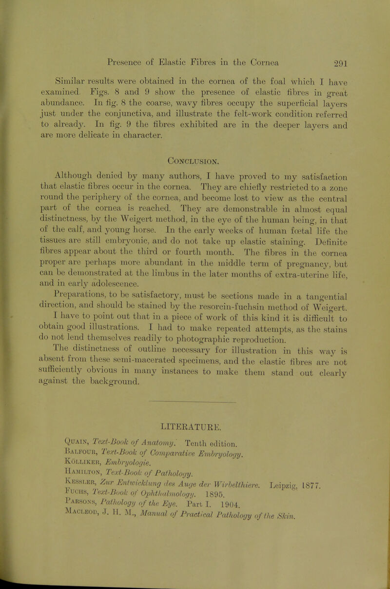 Similar results were obtained in the cornea of the foal which I have examined. Figs. 8 and 9 show the presence of elastic fibres in great abundance. In fig. 8 the coarse, wavy fibres occupy the superficial layers just under the conjunctiva, and illustrate the felt-work condition referred to already. In fig. 9 the fibres exhibited are in the deeper layers and are more delicate in character. Conclusion. Although denied by many authors, I have proved to my satisfaction that elastic fibres occur in the cornea. They are chiefly restricted to a zone round the periphery of the cornea, and become lost to view as the central part of the cornea is reached. They are demonstrable in almost equal distinctness, by the Weigert method, in the eye of the human being, in that of the calf, and young horse. In the early weeks of human foetal life the tissues are still embryonic, and do not take up elastic staining. Definite fibres appear about the third or fourth month. The fibres in the cornea proper are perhaps more abundant in the middle term of pregnancy, but can be demonstrated at the limbus in the later months of extra-uterine life, and in early adolescence. Preparations, to be satisfactory, must be sections made in a tangential direction, and should be stained by the resorcin-fuchsin method of Weigert. I have to point out that in a piece of work of this kind it is difficult to obtain good illustrations. I had to make repeated attempts, as the stains do not lend themselves readily to photographic reproduction. The distinctness of outline necessary for illustration in this way is absent from these semi-macerated specimens, and the elastic fibres are not sufficiently obvious in many instances to make them stand out clearly against the background. LITERATURE. Quain, Text-Book of Anatomy.' Tenth edition. Balfour, Text-Book of Comparative Embryology. Kolliker, Embryologie. Hamilton, Text-Book of Pathology. Kessler, Zur Enhoicklung des Auge der Wirbelthiere. Leipzig, 1877. Fuchs, Text-Book of Ophthalmology. 1895. Parsons, Pathology of the Eye. Pan I. 1904. Macleod, J. H. M, Manual of Practical Pathology of the Skin.