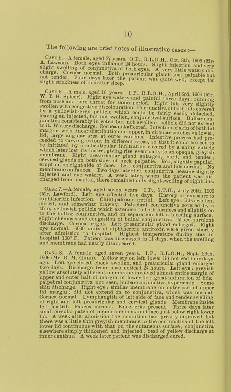 The following are brief notes of illustrative cases :— Case 5.—A female, aged 27 years. O.P., R.L.O.H Oct Rth lonc/m, A. Lawson). Both eyes inflamed 24 hours SHght injecUon a^ erv slight swelling of conjunctiva of both eyes. A^verv ittle watery dff no?'?l;Hp°''i^* preauricular glands^just p^lS but W^rH^S^frfRTglVe^Ta^^er/^ from nose and sore throat for same period. Right lids very s ightlf hv°L'^^pn'*''•'=r^^'^^ discolouration. Conjunctiva of both Hds cohered by a yellowish-grey pellicle which could be fairly easily detached leavirig an injected but not swollen, conjunctival surface Bulbar con- ■InH w r'!.'^^''?'''^'!?'^'^^*^ swollen; pellicle did not extend to It. Watery discharge. Cornea not affected. Infection of slcin of both lid margins with hnear distribution on upper, in circular patches on lower hd; large angular area at outer canthus. Infective process had pro- ceeded to varying extent in different areas, so that it could be seen to be initiated by a subcuticular infiltration covered by a shiny cuticle which later lost its lustre, giving rise eventually to an opaque, greyish membrane. Bighc preauricular gland enlarged, hard, and tender- cervical glands on both sides of neck palpable. Red, slightly naoular' eruption on right side of face. Left conjunctiva and lidi normal No membrane on fauces. Two days later left conjunctiva became sliehtlv injected and eye watery. A week later, when the patient was dis- charged from hospital, there remained only slight swelling of right lids. .^^■^^^^■—A-iema.le, aged seven years. I.P., S.T.H., July 20th, 1906 <J?-'^-^^'^forA). Left eye affected five days. History of exposure to diphtheritic infection. Child pale and fretful. Left eye : lids swollen, closed, and somewhat brawny. Palpebral conjunctiva covered by a thin, yellowish pellicle which extended to both fornioes and slightly on to the bulbar conjunctiva, and on separation left a bleeding surface; slight chemosis and congestion of bulbar conjunctiva. Muco purulent discharge. Cornea bright. Left preauricular gland enlarged. Right eye normal. 6000 units of diphtheritic antitoxin were given shortly after admission to hospital. Highest temperature during stay in hospital 100° F. Patient was discharged in 11 days, when the swelling and membrane had nearly disappeared. Case 8.—A female, aged seven years. I.P., R.L.O.H., Sept. 29th, 1906 (Mr. E. M. Gunn). Yellow sty on left lower lid noticed four days ago. Left eye closed, cheek swollen, and preauricular gland enlarged two days. Discharge from nose noticed 24 hours. Lett eye : greyish yellow absolutely adherent membrane involved almost entire margin of upper and outer half of margin of lower lid ; great induration of lids; palpebral conjunctiva not seen, bulbar conjunctiva hypersemio. Some thin discharge. Right eye : similar membrane on outer part of upper lid margin; did not extend on to conjunctiva, which was normal. Corne:e normal. Lymphangitis of left side of face and tender swelling of right and left preauricular and cervical glands Membrane inside left nostril. Fauces normal. Knee-jerks present. Three days later small circular patch of membrane in skin of face just below right lower lid. A week after admission the condition had greatly improved, but there was a little thin greyish membrane in the conjunctiva of the left lower lid continuous with that on the cutaneous surface ; conjunctiva elsewhere simply thickened and injected ; bead of yellow discharge at inner canthus. A week later patient was discharged cured.