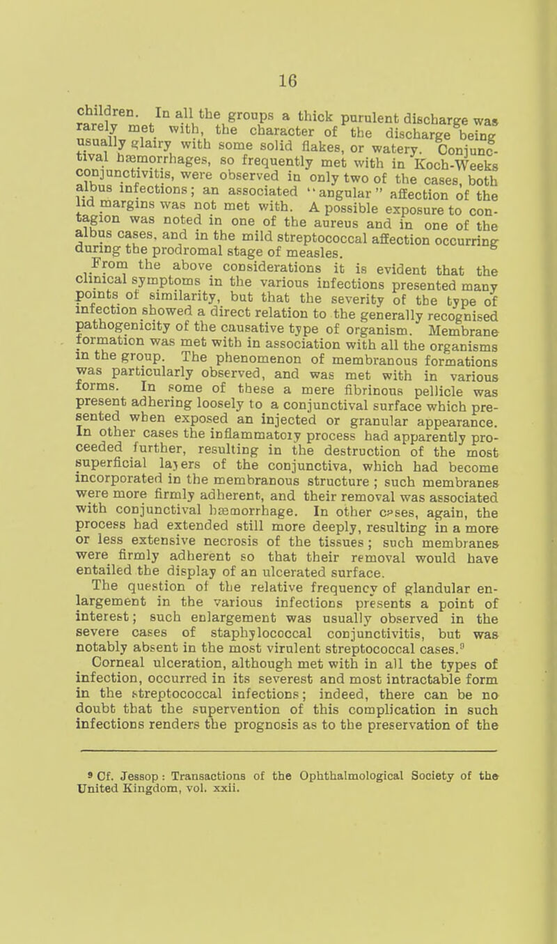 children. la all the groups a thick purulent discharge was rarely met with, the character of'^the discharge behi usually <.lairy with some solid flakes, or watery. Coniunc- tival U^morrhages, so frequently met with in Koch-Weeks conjunctivitis, were observed in only two of the cases, both albus infections; an associated angular affection of the lid margins was not met with. A possible exposure to con- tagion was noted in one of the aureus and in one of the albus cases, and in the mild streptococcal afEection occurrine- during the prodromal stage of measles. From the above considerations it is evident that the clinical symptoms in the various infections presented many points of similarity, but that the severity of the type of infection showed a direct relation to the generally recognised pathogenicity of the causative tjpe of organism. Membrane formation was met with in association with all the organisms m the group. The phenomenon of membranous formations was particularly observed, and was met with in various forms. In some of these a mere fibrinous pellicle was present adhering loosely to a conjunctival surface which pre- sented when exposed an injected or granular appearance. In other cases the inflammatoiy process had apparently pro- ceeded further, resulting in the destruction of the most superficial la}ers of the conjunctiva, which had become incorporated in the membranous structure ; such membranes were more firmly adherent, and their removal was associated with conjunctival hEemorrhage. In other cpses, again, the process had extended still more deeply, resulting in a more or less extensive necrosis of the tissues ; such membranes were firmly adherent so that their removal would have entailed the display of an ulcerated surface. The question ot the relative frequency of glandular en- largement in the various infections presents a point of interest; such enlargement was usually observed in the severe cases of staphjlococcal conjunctivitis, but was notably absent in the most virulent streptococcal cases. Corneal ulceration, although met with in all the types of infection, occurred in its severest and most intractable form in the streptococcal infections; indeed, there can be no doubt that the supervention of this complication in such infections renders the prognosis as to the preservation of the 3 Cf. JesBop: Transactions of the Ophthalmological Society of the United Kingdom, vol. xxii.