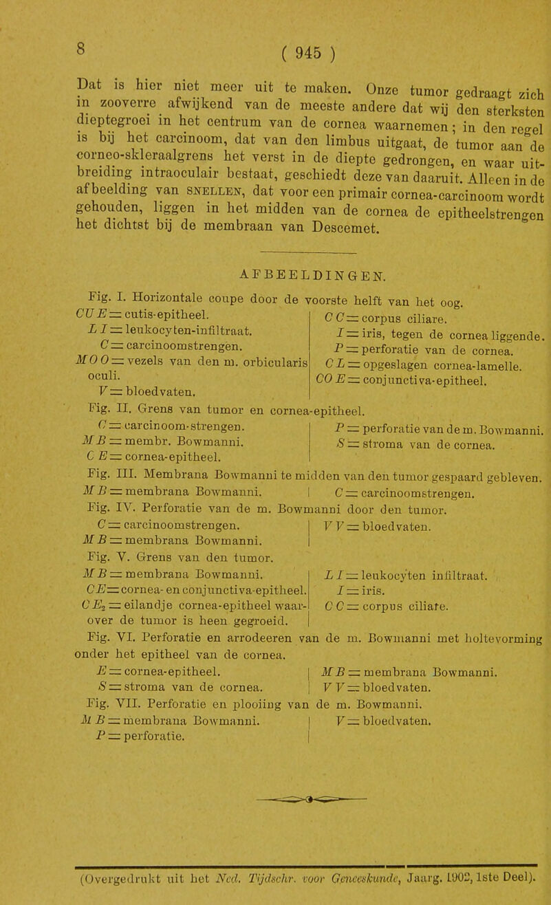 Dat is hier niet meer uit te maken. Onze tumor gedraagt zich in zooverre afwijkend van de meeste andere dat wij den sterksten dieptegroei in het centrum van de cornea waarnemen; in den regel is bij het carcinoom, dat van den limbus uitgaat, de tumor aan de corneo-skleraalgrens het verst in de diepte gedrongen, en waar uit- breiding intraoculair bestaat, geschiedt deze van daaruit. Alleen in dc afbeelding van snellen, dat voor een primair cornea-carcinoom wordt gehouden, liggen in het midden van de cornea de epitheelstrengen het dichtst bij de membraan van Descemet. AFBEELDINGEN. Fig. I. Horizontale coupe door de voorste helft van het oog. CU E — cutis- epitheel. L1 = leukocyten-infiltraat. C — carcinoomstrengen. MO O =z vezels van den m. orbicularis oculi. V— bloedvaten. Fig. II. Grens van tumor en cornea-epitheel CC— corpus ciliare. I=Mb, tegen de cornea liggende. P — perforatie van de cornea. CL — opgeslagen cornea-lamelle. CO E — conjunctiva-epitheel. P — perforatie van de in. Bowinanni. S b= stroma van de cornea. C — carcinoom-strengen. Ü/P = membr. Bowmanni. C E= cornea-epitheel. Fig. III. Membrana Bowmanni te midden van den tumor gespaard gebleven MP:= membrana Bowmanni. I C = carcinoomstrengen. Fig. IV. Perforatie van de m. Bowmanni door den tumor. C =z carcinoomstrengen. VV — bloedvaten. MB — membrana Bowmanni. Fig. V. Grens van den tumor. MB — membrana Bowmanni. CE— cornea- en conjunctiva-epitheel. CE2 — eilandje cornea-epitheel waar- over de tumor is heen gegroeid. Fig. VI. Perforatie en arrodeeren van de m. Bowmanni met holtevorming onder het epitheel van de cornea. LI — leukocyten inültraat. / — iris. CC— corpus ciliare. E — cornea-epitheel. S — stroma van de cornea. MBz=. membrana Bowmanni. V V — bloedvaten. Fig. VIL Perforatie en plooiing van de m. Bowmanni. M B — membrana Bowmanni. V — bloedvaten. P = perforatie. (Overgedrukt uit het Ncd. Tijdschr. voor Geneeskunde, Jaarg. PJOC, 1ste Deel).
