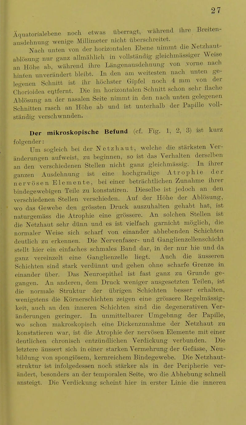Äquatorialebene noch etwas überragt, während ihre Breiten- ausdehnung wenige Millimeter nicht überschreitet. Nach unten von der horizontalen Ebene nimmt die Netzhaut- ablösnng nur ganz allmählich in vollständig gleichmässiger Weise an Höhe ab. während ihm Langenausdehmmg von vorne nach hinten unverändert bleibt. In den am weitesten nach unten ge- Legehen Schnitt ist ihr höchster Gipfel noch 4 min von der Chorioidea entfernt. Die im horizontalen Schnitt schon sehr Hache Ablösung an der nasalen Seite .nimmt in den nach unten gelegenen Schnitten rasch an Höhe ab und ist unterhalb der Papille voll- ständig verschwunden. Der mikroskopische Befund (cf. Eig. 1, 2, 3) ist kurz folgender: Um sogleich bei der Netzhaut, welche die stärksten Ver- änderungen aufweist, zu beginnen, so ist das Verhalten derselben an den verschiedenen Stellen nicht ganz gleichmässig. In ihrer ganzen Ausdehnung ist eine hochgradige Atrophie der nervösenElemente, bei einer beträchtlichen Zunahme ihrer bindegewebigen Teile zu konstatiren. Dieselbe ist jedoch an den verschiedenen Stellen verschieden. Auf der Höhe der Ablösung, wo das Gewebe den grössten Druck auszuhalten gehabt hat, ist naturgemäss die Atrophie eüie grössere. An solchen Stellen ist die Netzhaut sehr dünn und es ist vielfach garnicht möglich, die normaler Weise sich scharf von einander abhebenden Schichten deutlich zu erkennen. Die Nervenfaser- und Ganglienzellenschicht stellt hier ein einfaches schmales Band dar, in der nur hie und da ganz vereinzelt eine Ganglienzelle liegt. Auch die äusseren Schichten sind stark verdünnt und gehen ohne scharfe Grenze in einander über. Das Neuroepithel ist fast ganz zu Grunde ge- gangen. An anderen, dem Druck weniger ausgesetzten Teilen, ist die normale Struktur der übrigen Schichten besser erhalten, wenigstens die Körnerschichten zeigen eine grössere Begelmässig- keit, auch an den inneren Schichten sind die degenerativen Ver- änderungen geringer. In unmittelbarer Umgebung der Papille, wo schon makroskopisch eine Dickenzunahme der Netzhaut zu konstatieren war, ist die Atrophie der nervösen Elemente mit einer deutlichen chronisch entzündlichen Verdickung verbunden. Die letztere äussert sich in einer starken Vermehrung der Gefässe, Neu- bildung von spongiösem, kernreichem Bindegewebe. Die Netzhaut- struktur ist infolgedessen noch stärker als in der Peripherie ver- ändert, besonders an der temporalen Seite, wo die Abhebung schnell ansteigt. Die Verdickung scheint hier in erster Linie die inneren