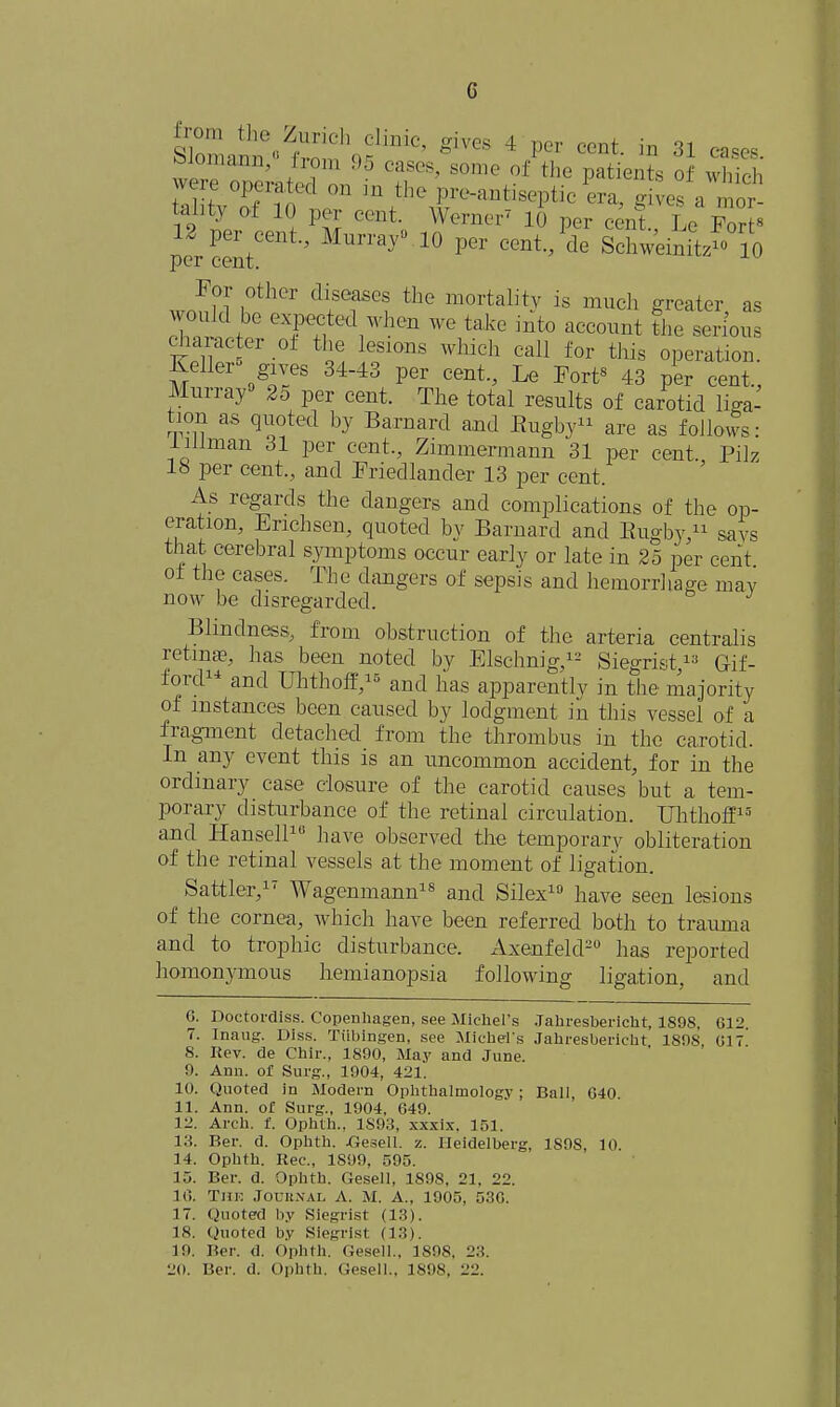G from the Zurich clinic, gives 4 per cent, in 31 < ^ maim- 7'' 95 cases> some of the patients of S ^operated on m the pre-aatiseptic gives a £ot tality oi 10 per cent. Werner7 10 per cent Lo FnrP 12 per cent., Murray. 10 per cent./de SKiM per cent. For other diseases the mortality is much greater as would be expected when we take into account the serious chapter of the lesions which call for this operation. Keller' gives 34-43 per cent., Le Fort* 43 per cent., Murray0 25 per cent. The total results of carotid liga- tion as quoted by Barnard and Rugby11 are as follows: Human 31 per cent., Zimmermann 31 per cent. Piiz lb per cent., and Friedlander 13 per cent. As regards the dangers and complications of the op- eration, Erichsen, quoted by Barnard and Rugby,11 savs that cerebral symptoms occur early or late in 25 per cent oi the cases. The dangers of sepsis and hemorrhage may now be disregarded. Blindness, from obstruction of the arteria centralis retina?, has been noted by Elschnig,12 Siegristia Gif- ford and Uhthoff,15 and lias apparently in the majority of instances been caused by lodgment in this vessel of a fragment detached from the thrombus in the carotid. In any event this is an uncommon accident, for in the ordinary case closure of the carotid causes but a tem- porary disturbance of the retinal circulation. Uhthoff13 and Hansell10 have observed the temporary obliteration of the retinal vessels at the moment of ligation. Sattler,17 Wagenmaun18 and Silex10 have seen lesions of the cornea, which have been referred both to trauma and to trophic disturbance. Axenfeld20 has reported homonymous hemianopsia following ligation, and C. Doctordiss. Copenhagen, see Michel's Jahresbericht, 1898, 61 2 7. Inaug. Dis.s. TUbingen, see Michel's Jahresbericlit 1898 (ilT 8. Rev. de Chir., 1890, May and June. 9. Ann. of Surg., 1904, 421. 10. Quoted in Modern Ophthalmology; Ball, C40. 11. Ann. or Surg.. 1904, 649. 12. Arch. f. Ophth., 1S93, xxxix. 151. 13. Ber. d. Ophth. .Gesell. z. Heidelberg, 1S9S, 10. 14. Ophth. Kec, 1899, 595. 15. Ber. d. Ophth. Gesell, 1898. 21. 22. 10. The Journal a. m. A., 1905, 53G. 17. Quoted by Slegrist (13). is. Quoted by Slegrist (13). 19. Her. (1. Ophth. Gesell., 1898, 2:;. •jo. Ber, d. Ophth, Gesell., 1898, 22.