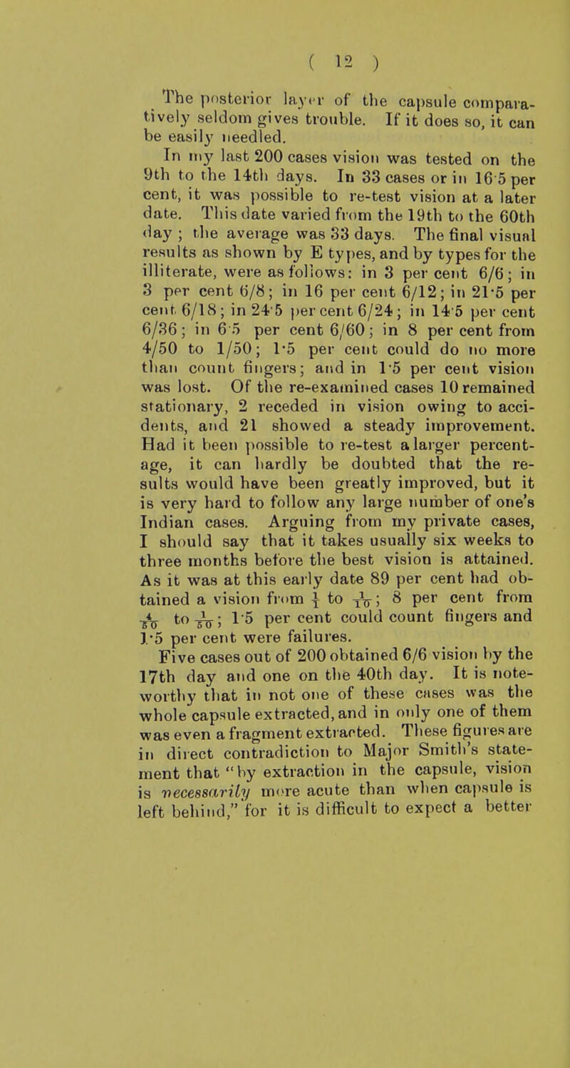 The postei-ior layer of the capsule compara- tively seldom gives trouble. If it does so, it can be easily needled. In my last 200 cases vision was tested on the 9th to the 14th days. In 33 cases or in 16 5 per cent, it was possible to re-test vision at a later date. This date varied from the 19th to the 60th day ; the average was 33 days. The final visual results as shown by E types, and by types for the illiterate, were as follows: in 3 per cent 6/6; in 3 per cent 6/8; in 16 per cent 6/12; in 21-5 per cent 6/18 ; in 24 5 per cent 6/24 ; in 14 5 per cent 6/36; in 6 5 per cent 6/60; in 8 per cent from 4/50 to 1/50; 1*5 per cent could do no more than count fingers; and in 1'5 per cent vision was lost. Of the re-examined cases 10 remained stationary, 2 receded in vision owing to acci- dents, and 21 showed a steady improvement. Had it been ])ossible to re-test a larger percent- age, it can hardly be doubted that the re- sults would have been greatly improved, but it is very hard to follow any large number of one's Indian cases. Arguing from my private cases, I should say that it takes usually six weeks to three months before the best vision is attained. As it was at this early date 89 per cent had ob- tained a vision from ^ to yV; ^ P^* cent from to-J^; 15 percent could count fingers and 1'5 per cent were failures. Five cases out of 200 obtained 6/6 vision by the 17th day and one on the 40th day. It is note- worthy tliat in not one of these cases was the whole capsule extracted, and in only one of them was even a fragment extracted. These figures are in direct contradiction to Major Smith's state- ment that by extraction in the capsule, vision is vecessariiy more acute than wlien capsule is left behind, for it is difficult to expect a better