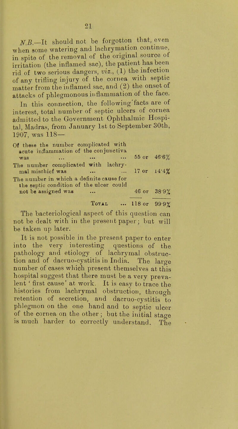 HB _lt should not be forgotton that, even when some watering and lachrymation continue, in spite of the removal of the original source ot irritation (the inflamed sac), the patient has been rid of two serious dangers, viz., (1) the infection of any trifling injury of the cornea with septic matter from the inflamed sac, and (2) the onset of attacks of phlegmonous inflammation of the face. In this connection, the following'facts are of interest, total number of septic ulcers of cornea admitted to the Government Ophthalmic Hospi- tal, Madras, from January 1st to September 30th, 1907, was 118— Of these the number complicated with acute inflammation of the conjunctiva was ... ••• ••• 55 or 46 6% The number complicated with lachry- mal mischief was ... ... 17 or 144% The number in which a definite cause for the septic condition of the ulcer could not be assigned was ... 46 or 38 9% Total ... 118 or 99 9% The bacteriological aspect of this question can not be dealt with in the present paper; but will be taken up later. It is not possible in the present paper to enter into the very interesting questions of the pathology and etiology of lachrymal obstruc- tion and of dacruo-cystitis iu India. The large number of cases which present themselves at this hospital suggest that there must be a very preva- lent ' first cause' at work, It is easy to trace the histories from lachrymal obstruction, through retention of secretion, and dacruo-cystitis to phlegmon on the one hand and to septic ulcer of the cornea on the other ; but the initial stage is much harder to correctly understand. The