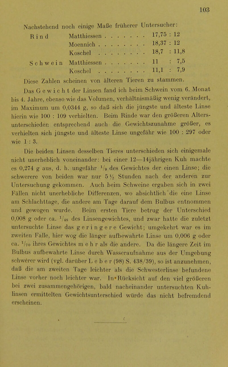 Nachstehend noch einige Maße früherer Untersucher: Rind 17 75 12 1 ö S7 1 9 18,7 11,8 Schwein 11 7,5 . . . 11,1 7,9 Diese Zahlen scheinen von älteren Tieren zu stammen. Das Gewicht der Linsen fand ich beim Schwein vom 6. Monat bis 4. Jahre, ebenso wie das Volumen, verhältnismäßig wenig verändert, im Maximum um 0,0344 g, so daß sich die jüngste und älteste Linse hierin wie 100 : 109 verhielten. Beim Rinde war den größeren Alters- unterschieden entsprechend auch die Gewichtszunahme größer, es verhielten sich jüngste und älteste Linse ungefähr wie 100 : 297 oder wie 1:3. Die beiden Linsen desselben Tieres unterschieden sich einigemale nicht unerhebhch voneinander: bei einer 12—14jährigen Kuh machte es 0,274 g aus, d. h. ungefähr ^/o des Gewichtes der einen Linse; die schwerere von beiden war nur 5 y> Stunden nach der anderen zur Untersuchung gekommen. Auch beim Schweine ergaben sich in zwei Fällen nicht unerhebliche Differenzen, wo absichtlich die eine Linse am Schlachttage, die andere am Tage darauf dem Bulbus entnommen und gewogen wurde. Beim ersten Tiere betrug der Unterschied 0,008 g oder ca. ^Us des Linsengewichtes, und zwar hatte die zuletzt untersuchte Linse das geringere Gewicht; umgekehrt war es im zweiten Falle, hier wog die länger aufbewahrte Linse um 0,006 g oder ca. 1/70 ihres Gewichtes m e h r als die andere. Da die längere Zeit im Bulbus aufbewahrte Linse durch Wasseraufnahme aus der Umgebung schwörer wird (vgl. darüber Leber (98) S. 438/39), so ist anzunehmen, daß die am zweiten Tage leichter als die Schwesterlinse befundene Linse vorher noch leichter war. In» Rücksicht auf den viel größeren bei zwei zusammengehörigen, bald nacheinander untersuchten Kuh- linsen ermittelten Gewichtsunterschied würde das nicht befremdend erscheinen.