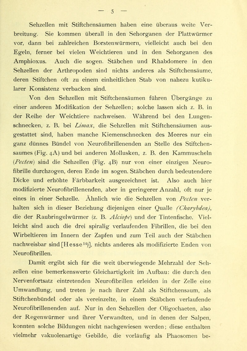 Sehzellen mit Stiftchensäumen haben eine überaus weite Ver- breitung. Sie kommen überall in den Sehorganen der Plattwürmer vor, dann bei zahlreichen Borstenwürmern, vielleicht auch bei den Egeln, ferner bei vielen Weichtieren und in den Sehorganen des Amphioxus. Auch die sogen. Stäbchen und Rhabdomere in den Sehzellen der Arthropoden sind nichts anderes als Stiftchensäume, deren Stiftchen oft zu einem einheitlichen Stab von nahezu kutiku- larer Konsistenz verbacken sind. Von den Sehzellen mit Stiftchensäumen führen Ubergänge zu einer anderen Modifikation der Sehzellen; solche lassen sich z. B. in der Reihe der Weichtiere nachweisen. Während bei den Lungen- schnecken, z. B. bei Limax, die Sehzellen mit Stiftchensäumen aus- gestattet sind, haben manche Kiemenschnecken des Meeres nur ein ganz dünnes Bündel von Neurofibrillenenden an Stelle des Stiftchen- saumes (Fig. 4A) und bei anderen Mollusken, z. B. den Kammuscheln [Pecten) sind die Sehzellen (Fig. 4B) nur von einer einzigen Neuro- fibrille durchzogen, deren Ende im sogen. Stäbchen durch bedeutendere Dicke und erhöhte Färbbarkeit ausgezeichnet ist. Also auch hier modifizierte Neurofibrillenenden, aber in geringerer Anzahl, oft nur je eines in einer Sehzelle. Ahnlich wie die Sehzellen von Pecten ver- halten sich in dieser Beziehung diejenigen einer Qualle (Charyhdea), die der Raubringelwürmer (z. B. Alciope) und der Tintenfische. Viel- leicht sind auch die drei spiralig verlaufenden Fibrillen, die bei den Wirbeltieren im Innern der Zapfen und zum Teil auch der Stäbchen nachweisbar sind [Hesse 1^)], nichts anderes als modifizierte Enden von Neurofibrillen. Damit ergibt sich für die weit überwiegende Mehrzahl der Seh- zellen eine bemerkenswerte Gleichartigkeit im Aufbau: die durch den Nervenfortsatz eintretenden Neurofibrillen erleiden in der Zelle eine Umwandlung, und treten je nach ihrer Zahl als Stiftchensaum, als Stiftchenbündel oder als vereinzelte, in einem Stäbchen verlaufende Neurofibrillenenden auf. Nur in den Sehzellen der Oligochaeten, also der Regenwürmer und ihrer Verwandten, und in denen der Salpen, konnten solche Bildungen nicht nachgewiesen werden; diese enthalten vielmehr vakuolenartige Gebilde, die vorläufig als Phaosömen be-