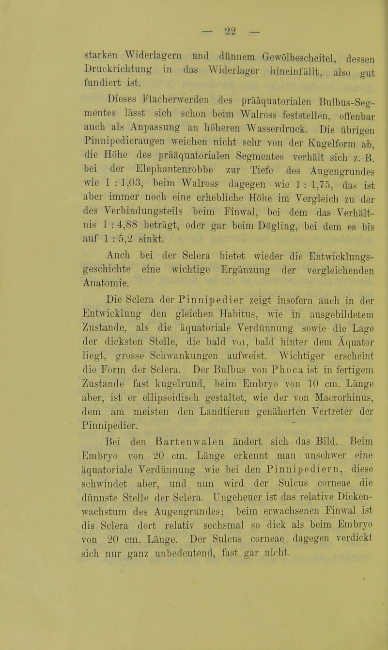 starken Widerlagern und dünnem Gewölbescheitel, dessen Dnudmchtung in das Widerlager hineinfällt, also gut fundiert ist. Dieses Flacherwerden des prääquatorialen Bulbus-Seg- mentes lässt sich schon heim Walross feststellen, offenbar auch als Anpassung an höheren Wasserdruck. Die übrigen Pinnipedieraugen weichen nicht sehr von der Kugelform ab, die Höhe des prääquatorialen Segmentes verhält sich z. B. bei der Elephantenrobbe zur Tiefe des Augengrundes wie 1 : 1,03, beim Walross dagegen wie 1 : 1,75, das ist aber immer noch eine erhebliche Höhe im Vergleich zu der des Verbindungsteils beim Finwal, bei dem das Verhält- nis 1 : 4,88 beträgt, oder gar beim Dögling, bei dem es bis auf 1 : 5,2 sinkt. Auch bei der Sclera bietet wieder die Entwicklungs- geschichte eine wichtige Ergänzung der vergleichenden Anatomie. Die Sclera der Pinnipedier zeigt insofern auch in der Entwicklung den gleichen Habitus, wie in ausgebildetem Zustande, als die äquatoriale Verdünnung sowie die Lage der dicksten Stelle, die bald voi, bald hinter dem Äquator liegt, grosse Schwankungen aufweist. Wichtiger erscheint die Form der Sclera. Der Bulbus von Phoca ist in fertigem Zustande fast kugelrund, beim Embryo von 10 cm. Länge aber, ist er ellipsoidisch gestaltet, wie der von Macrorhinus, dem am meisten den Landtieren genäherten Vertreter der Pinnipedier. Bei den Bartenwalen ändert sich das Bild. Beim Embryo von 20 cm. Länge erkennt man unschwer eine äquatoriale Verdünnung wie bei den Pinnipediern, diese schwindet aber, und nun wird der Sülms corneae die dünnste Stelle der Sclera. Ungeheuer ist das relative Öicken- wachstum des Augengrundes; beim erwachsenen Finwal ist dis Sclera dort relativ sechsmal so dick als beim Embryo von 20 cm. Länge. Der Sulcus corneae dagegen verdickt sich nur ganz unbedeutend, fast gar nicht.