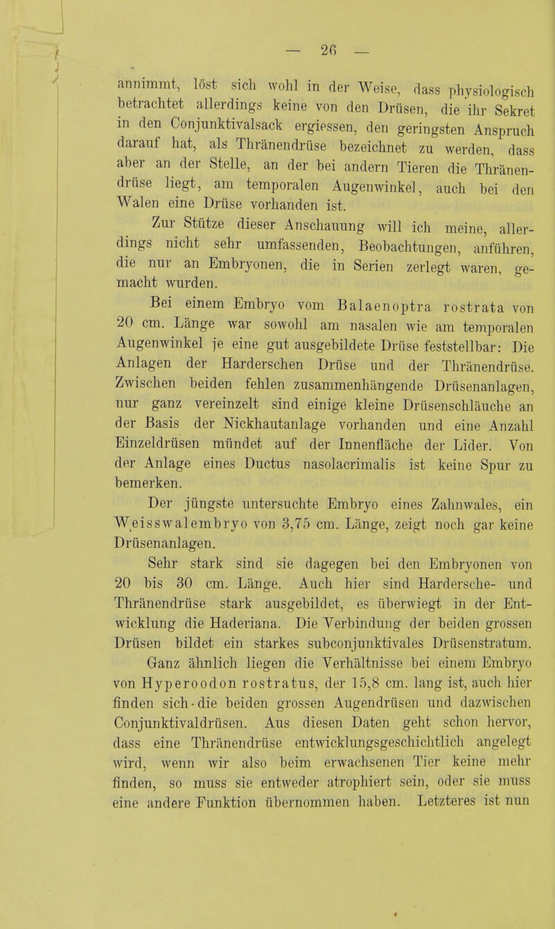 annimmt, löst sicli wohl in der Weise, rlass physiologisch betrachtet allerdings keine von den Drüsen, die ihr Sekret in den Conjunktivalsack ergiessen, den geringsten Anspruch darauf hat, als Thränendrüse bezeichnet zu werden, dass aber an der Stelle, an der bei andern Tieren die Thränen- drüse liegt, am temporalen Augenwinkel, auch bei den Walen eine Drüse vorhanden ist. Zur Stütze dieser Anschauung will ich meine, aller- dings nicht sehr umfassenden, Beobachtungen, anführen, die nur an Embryonen, die in Serien zerlegt waren, ge- macht wurden. Bei einem Embryo vom Balaenoptra rostrata von 20 cm. Länge war sowohl am nasalen wie am temporalen Augenwinkel je eine gut ausgebildete Drüse feststellbar: Die Anlagen der Harderschen Drüse und der Thränendrüse. Zwischen beiden fehlen zusammenhängende Drüsenanlagen, nur ganz vereinzelt sind einige kleine Drüsenschläuche an der Basis der Nickhautanlage vorhanden und eine Anzahl Einzeldrüsen mündet auf der Innenfläche der Lider. Von der Anlage eines Ductus nasolacrimalis ist keine Spur zu bemerken. Der jüngste untersuchte Embryo eines Zahnwales, ein Weisswalembryo von 3,75 cm. Länge, zeigt noch gar keine Drüsenanlagen. Sehr stark sind sie dagegen bei den Embryonen von 20 bis 30 cm. Länge. Auch hier sind Hardersche- und Thränendrüse stark ausgebildet, es überwiegt in der Ent- wicklung die Haderiana. Die Verbindung der beiden grossen Drüsen bildet ein starkes subconjunktivales Drüsenstratum. Ganz ähnlich liegen die Verhältnisse bei einem Embryo von Hyperoodon rostratus, der 15,8 cm. lang ist, auch hier finden sich-die beiden grossen Augendrüsen und dazwischen Conjunktivaldrüsen. Aus diesen Daten geht schon hervor, dass eine Thränendrüse entwicklungsgeschichtlich angelegt wird, wenn wir also beim erwachsenen Tier keine mehr finden, so muss sie entweder atrophiert sein, oder sie muss eine andere Funktion übernommen haben. Letzteres ist nun