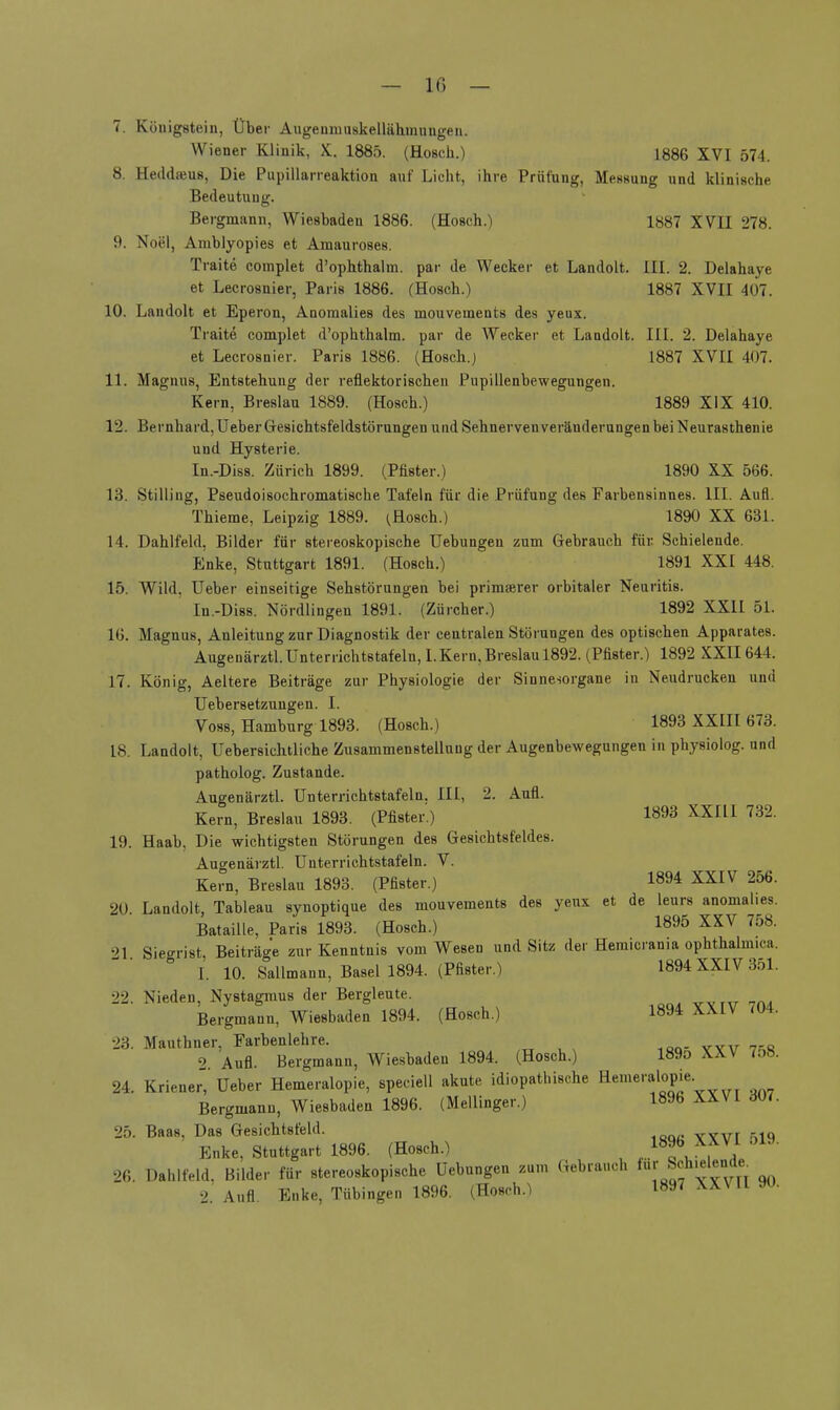 7. Königstein, Über Augenmuskellähmungen. Wiener Klinik, X. 1885. (Hosch.) 1886 XVI 574. 8. Heddams, Die Pupillarreaktion auf Licht, ihre Prüfung, Messung und klinische Bedeutung. Bergmann, Wiesbaden 1886. (Hosch.) 1887 XVII 278. 9. Noel, Amblyopies et Amauroses. Traite complet d'ophthalm. par de Wecker et Landolt. III. 2. Delahaye et Lecrosnier, Paris 1886. (Hosch.) 1887 XVII 407. 10. Landolt et Eperon, Anomalies des mouvements des yeux. Traite complet d'ophthalm. par de Wecker et Landolt. III. 2. Delahaye et Lecrosnier. Paris 1886. (Hosch.) 1887 XVII 407. 11. Magnus, Entstehung der reflektorischen Pupillenbewegungen. Kern. Breslau 1889. (Hosch.) 1889 XIX 410. 12. Bernhard, Ueber Gesichtsfeldstörungen und Sehnerven Veränderungen bei Neurasthenie und Hysterie. In.-Diss. Zürich 1899. (Pfister.) 1890 XX 566. 13. Stilling, Pseudoisochromatische Tafeln für die Prüfung des Farbensinnes. III. Aufl. Thieme, Leipzig 1889. (Hosch.) 1890 XX 631. 14. Dahlfeld, Bilder für stereoskopische Uebungen zum Gebrauch für Schielende. Enke, Stuttgart 1891. (Hosch.) 1891 XXI 448. 15. Wild, Ueber einseitige Sehstörungen bei primserer orbitaler Neuritis. In.-Diss. Nördlingen 1891. (Zürcher.) 1892 XXII 51. 16. Magnus, Anleitung zur Diagnostik der centralen Störungen des optischen Apparates. Augenärztl. Unterrichts tafeln, I.Kern, Breslau 1892. (Pfister.) 1892 XXII644. 17. König, Aeltere Beiträge zur Physiologie der Sinnesorgane in Neudrucken und Uebersetzungen. 1. Voss, Hamburg 1893. (Hosch.) 1893 XXIII 673. 18. Landolt, Uebersichtliche Zusammenstellung der Augenbewegungen in physiolog. und patholog. Zustande. Augenärztl. Unterrichtstafeln. III, 2. Aufl. Kern, Breslau 1893. (Pfister.) 1893 XXIII 732. 19. Haab, Die wichtigsten Störungen des Gesichtsfeldes. Augenärztl. Unterrichtstafeln. V. Kern, Breslau 1893. (Pfister.) 189* XX*V 256- 20. Landolt, Tableau synoptique des mouvements des yeux et de leurs anomal.es. Bataille, Paris 1893. (Hosch.) 1895 XXV 758. 21 Siegrist, Beiträge zur Kenntnis vom Wesen und Sitz der Hemicrania Ophthalmien. ° I. 10. Sallmann, Basel 1894. (Pfister.) 1894 XXIV 351. 22. Nieden, Nystagmus der Bergleute. Bergmann, Wiesbaden 1894. (Hosch.) 1894 XXIV 704. 23. Mauthner, Farbenlehre. , * Aufl. Bergmann, Wiesbaden 1894. (Hosch.) 189o XXV 7o8. 24. Kriener, Ueber Hemeralopie, speciell akute idiopathische Hemeralopie. Bergmann, Wiesbaden 1896. (Meilinger.) 189b XAVl dU<. 25. Baas, Das Gesichtsfeld. t Enke, Stuttgart 1896. (Hosch.) 189<> **V1 Ol». 26. Dahlfeld, Bilder für stereoskopische Uebungen zum Gebrauch für Schielen^ 2 Aufl Enke, Tübingen 1896. (HoselO 1897 XXVLl 9U.