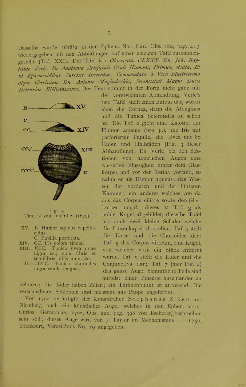 Dasselbe wurde 1678/9 in den Ephem. Nat. Cur., Obs. 180, pag. 413 wiedergegeben mit den Abbildungen auf einer einzigen Tafel zusammen- gestellt (Taf. XXI). Der Titel ist: Observatio CLXXX. Dn. Joh. Bap- tlstae Verle, De Anatomia Artificiali Oculi Hutnani, Primuni oblata, Et ut Ephemeridibus Curiosis Inseratur, Commendata ä Viro Illiistrissimo atque Clarissimo Dn. Antonio Magliabechio, Serenissimi Magni Ducis Hetruriae Bibliothecario. Der Text stimmt in der Form nicht ganz mit der vorerwähnten Abhandlung. Verle's ^-.^^ I Sic Tafel stellt einen Bulbus dar, woran B —^^.XV Q\)QXi die Cornea, dann die Albuginea und die Tunica Sclerotides zu sehen ^ gisbt eine Kalotte, der '^^^^^^ XlV Humor aqueus (pro p.), die Iris mit perforierter Pupille, die Uvea mit 80 Fäden und Halbfäden (Fig. 3 dieser iBH^^^ä^Xnr Abhandlung). Da Verle bei den Sek- tionen von natürlichen Augen eine wässerige Flüssigkeit hinter dem Glas- dCCC—^^^^^^^^^y ir körper und vor der Retina vorfand, so nahm er als Humor aqueus: das Was- ser der vorderen und der hinteren Kammer, ein anderes welches von da aus das Corpus ciliare sowie den Glas- j,.^ ^ körper umgab; dieses ist Taf. 3 als Tafel 2 von Verle (1679). hohle Kugel abgebildet, dieselbe Tafel hat auch zwei kleine Schalen welche XV. B. Humor aqueus & pellu- die Linsenkapsel darstellen. Taf. 4 stellt C Pupilla perforata. ^inse und die Chorioidea dar: XIV, cc. Iris colore tincta. Taf. 5 das Corpus vitreum, eine Kugel, XIII. CCC. Tunica uvea quae welcher vorn ein Stück entfernt nigra est, cum hbris et j r ^ n j- t-i 1 i- semifibris albis num. 80. wurde, laf. 6 stellt die Lider und die II. CCCC. Tunica choroides Conjunctiva dar; Taf. 7 (hier Fig. 4) nigra cauda exigua. ^^^^^^ ^^^^^ Sämmtliche Teile sind mittelst einer Pinzette auseinander zu nehmen; die Lider haben Zilien; ein Thränenpunkt ist anwesend. Die verschiedenen Schichten sind meistens aus Pappe angefertigt. Vor ] 700 verfertigte der Kunstdreher S t e p h a n u s Z i k e n aus Nürnberg auch ein künstliches Auge, welches in den Ephen. natur. Curios. Germaniae, 1700, Obs. 220, pag. 398 von Bschererj^besprochen sein soll; dieses Auge wird von J. Taylor im Mechanismus.... 1750, Frankfurt, Verzeichnis No. 29 angegeben.
