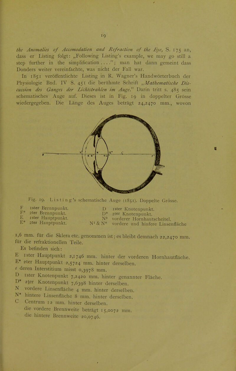 the Anomalies of Accomodaüon and Refraction of the Eye, S. 175 an, dass er Listing folgt: „Following Listing's example, we may go still a Step further in the simplification . . . .; man hat dann gemeint dass Donders weiter vereinfachte, was nicht der Fall war. In 1851 veröffentlichte Listing in R. Wagner's Handwörterbuch der Physiologie Bnd. IV S. 451 die berühmte Schrift „Mathematische Dis- cussion des Ganges der Lichtstrahlen im Auge'' Darin tritt s. 485 sein Schematisches Auge auf. Dieses ist in Fig. 19 in doppelter Grösse wiedergegeben. Die Länge des Auges beträgt 24,2470 mm., wovon Kl 1 ' \ Ii ' (' r V\ ( Fig. 19. Listing's schematische Auge (1851). Doppelte Grösse. F ister Brennpunkt. F* 2ter Brennpunkt. E ister Hauptpunkt. E* 2ter Hauptpunkt. D ister Knotenpunkt. D* 2ter Knotenpunkt. N vorderer Hornhautscheitel. N'&N* vordere und hinfere Linsenfläche 1,6 mm. für die Sklera etc. genommen ist; es bleibt demnach 22,2470 mm. für die refraktionellen Teile. Es befinden sich: E ister Hauptpunkt 2,1746 mm. hinter der vorderen Hornhautfläche. E* 2ter Hauptpunkt 2,5724 mm. hinter derselben. £ deren Interstitium misst 0,3978 mm. D ister Knotenpunkt 7,2420 mm. hinter genannter Fläche. 2ter Knotenpunkt 7,6398 hinter derselben, vordere Linsenfläche 4 mm. hinter derselben, hintere Linsenfläche 8 mm. hinter derselben. Centrum 12 mm. hinter derselben, die vordere Brennweite beträgt 15,0072 mm. die hintere Brennweite 20,0746. D* N N* C