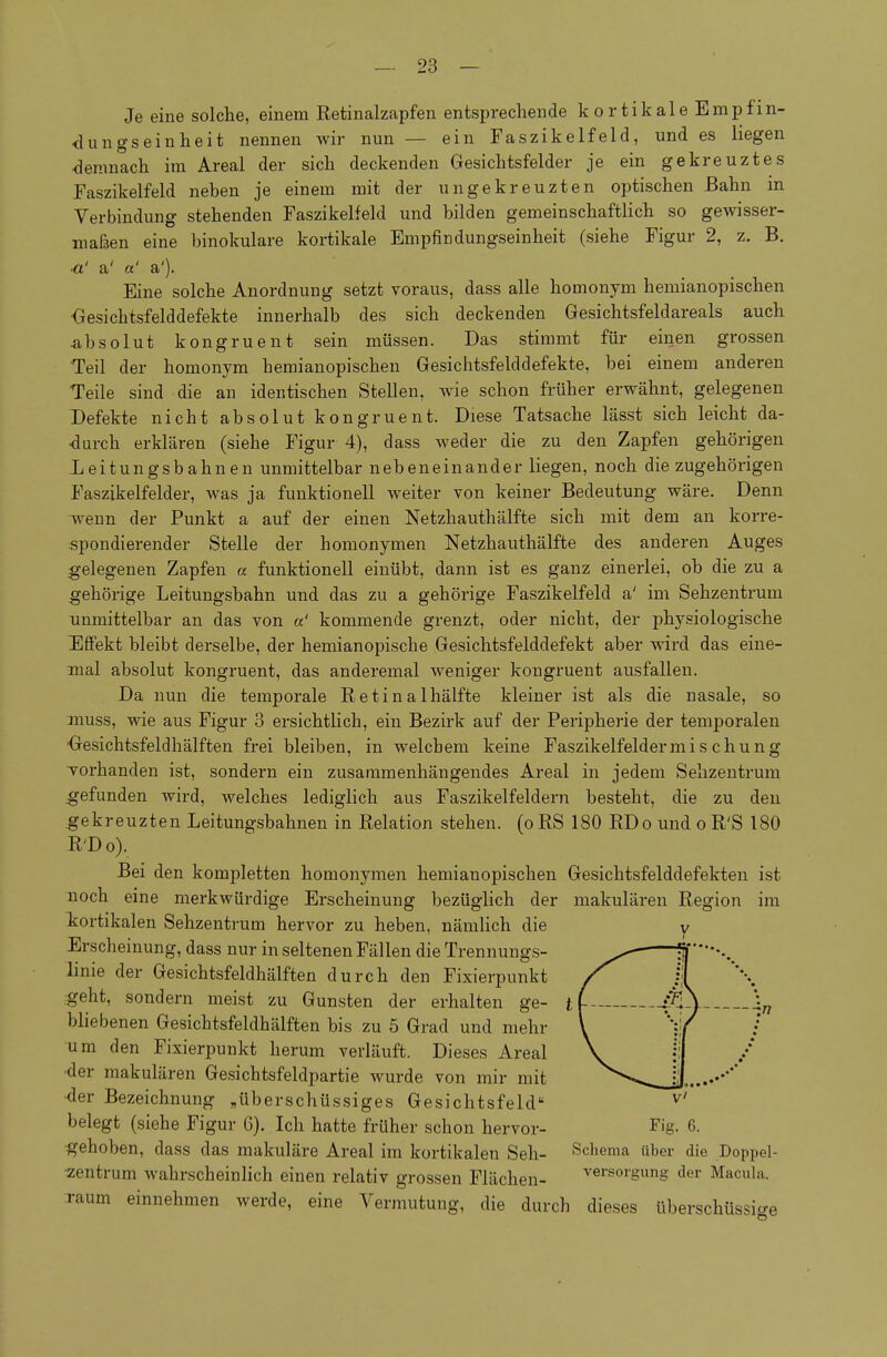 Je eine solche, einem Retinalzapfen entsprechende kortikale Empfin- <lungseinheit nennen wir nun — ein Faszikelfeld, und es liegen demnach im Areal der sich deckenden Gesichtsfelder je ein gekreuztes Faszikelfeld neben je einem mit der ungekreuzten optischen Bahn in Verbindung stehenden Faszikelfeld und bilden gemeinschaftlich so geAvisser- inaßen eine binokulare kortikale Empfindungseinheit (siehe Figur 2, z. B. a' a' a'). Eine solche Anordnung setzt voraus, dass alle homonym hemianopischen Oesichtsfelddefekte innerhalb des sich deckenden Gesichtsfeldareals auch absolut kongruent sein müssen. Das stimmt für einen grossen Teil der homonym hemianopischen Gesichtsfelddefekte, bei einem anderen Teile sind die an identischen Stellen, wie schon früher erwähnt, gelegenen Defekte nicht absolut kongruent. Diese Tatsache lässt sich leicht da- •durch erklären (siehe Figur 4), dass weder die zu den Zapfen gehörigen Xeitungsbahnen unmittelbar nebeneinander liegen, noch die zugehörigen Faszikelfelder, was ja funktionell weiter von keiner Bedeutung wäre. Denn ^enn der Punkt a auf der einen Netzhauthälfte sich mit dem an korre- spondierender Stelle der homonymen Netzhauthälfte des anderen Auges gelegenen Zapfen « funktionell einübt, dann ist es ganz einerlei, ob die zu a gehörige Leitungsbahn und das zu a gehörige Faszikelfeld a' im Sehzentrum unmittelbar an das von a' kommende grenzt, oder nicht, der physiologische Effekt bleibt derselbe, der hemianopische Gesichtsfelddefekt aber wird das eine- mal absolut kongruent, das anderemal weniger kongruent ausfallen. Da nun die temporale Retinalhälfte kleiner ist als die nasale, so muss, wie aus Figur 3 ersichtlich, ein Bezirk auf der Peripherie der temporalen 'Gesichtsfeldhälften frei bleiben, in welchem keine Faszikelfeldermischung Torhanden ist, sondern ein zusammenhängendes Areal in jedem Sehzentrum gefunden wird, welches lediglich aus Faszikelfeldern besteht, die zu den gekreuzten Leitungsbahnen in Relation stehen, (o RS 180 RDo und o R'S 180 R'Do). Bei den kompletten homonymen hemianopischen Gesichtsfelddefekten ist noch eine merkwürdige Erscheinung bezüglich der makulären Region im kortikalen Sehzentrum hervor zu heben, nämlich die Erscheinung, dass nur in seltenen Fällen die Trennungs- linie der Gesichtsfeldhälften durch den Fixierpunkt geht, sondern meist zu Gunsten der erhalten ge- i bliebenen Gesichtsfeldhälften bis zu 5 Grad und mehr um den Fixierpunkt herum verläuft. Dieses Areal •der makulären Gesichtsfeldpartie wurde von mir mit der Bezeichnung „überschüssiges Gesichtsfeld belegt (siehe Figur 6). Ich hatte früher schon hervor- Fig. 6. gehoben, dass das makuläre Areal im kortikalen Seh- Schema über die Doppel- -zentrum wahrscheinlich einen relativ grossen Flächen- Versorgung der Macula. Taum einnehmen Averde, eine Vermutung, die durch dieses überschüssige